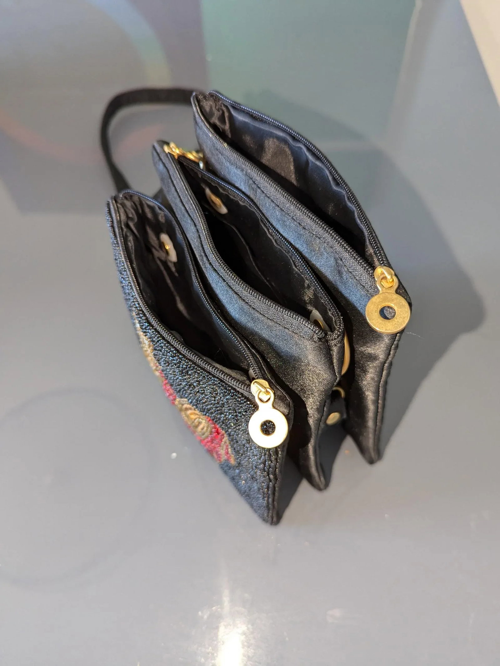 60's Evening Bag Ruby Red Slippers Black Framed Design in Glass Beads - 2