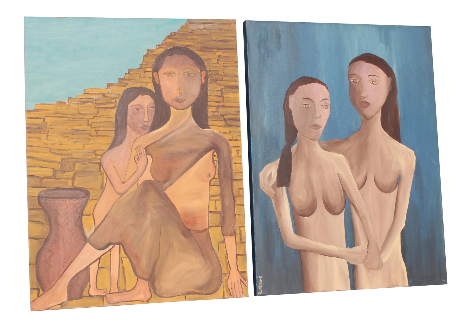 1960s Vintage Mid-Century Modern Two Women Oil Paintings - a Pair: This is a pair of vintage paintings depicting two women. The pieces were made in the 1960s by artist R. Miller. Condition: Alterations: Restored Imperfections: Some Imperfections Condition Notes: Litt