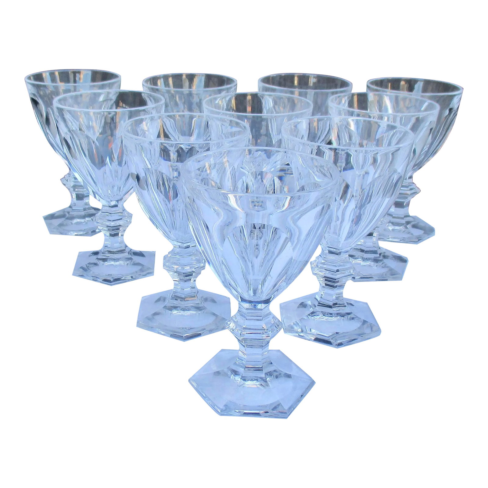 Baccarat Water Goblets -Set of 10: Water Goblets by Baccarat Harcourts 1841 pattern purchased in the late 50s'. Hallmarked to the bottom.Classic cut crystal with clear faceted stems. Measurements are 6"tall and 3.5" in diameter. One