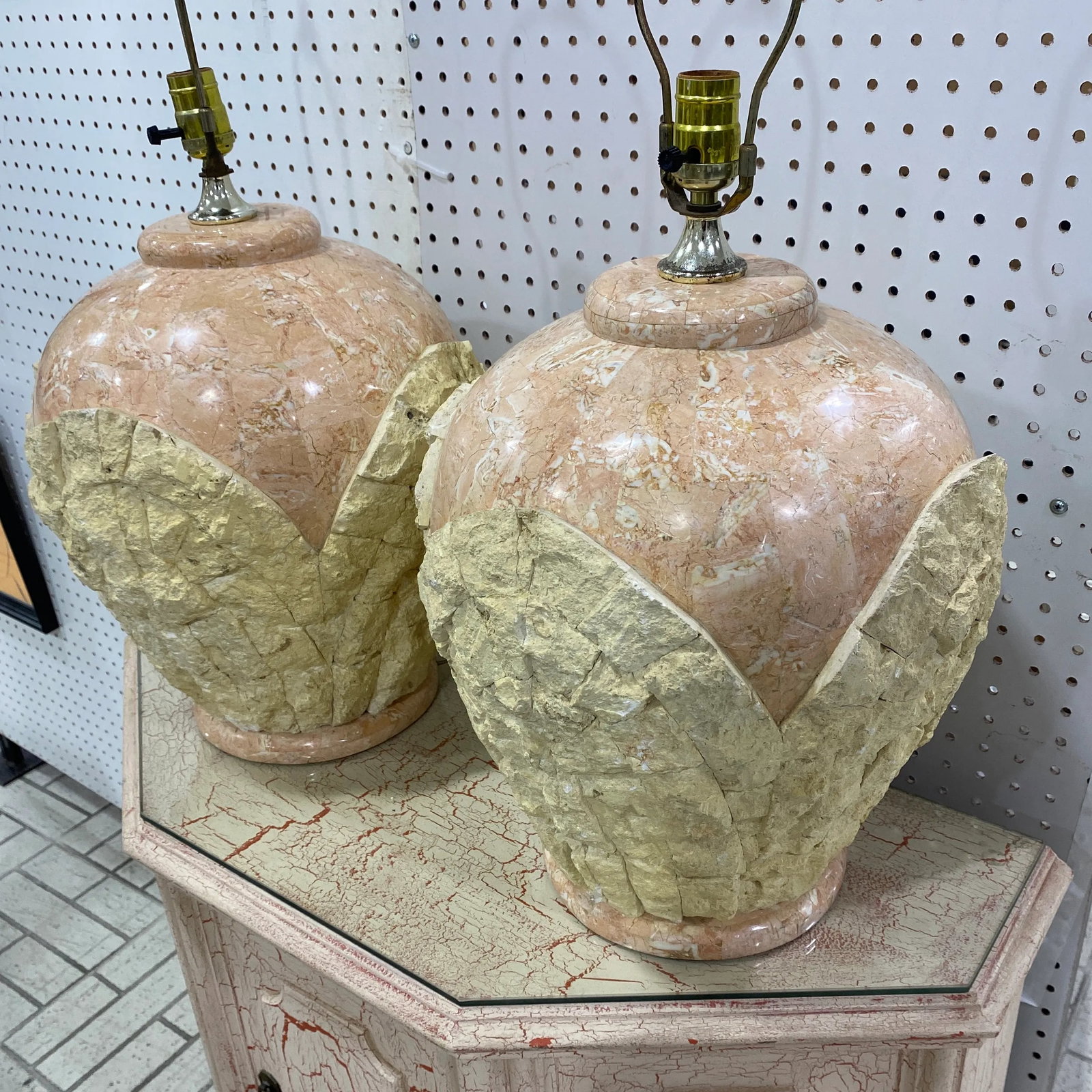 1980s Maitland Smith Style Tessellated Pink Stone Inlay Lamps ~ a Pair - 2