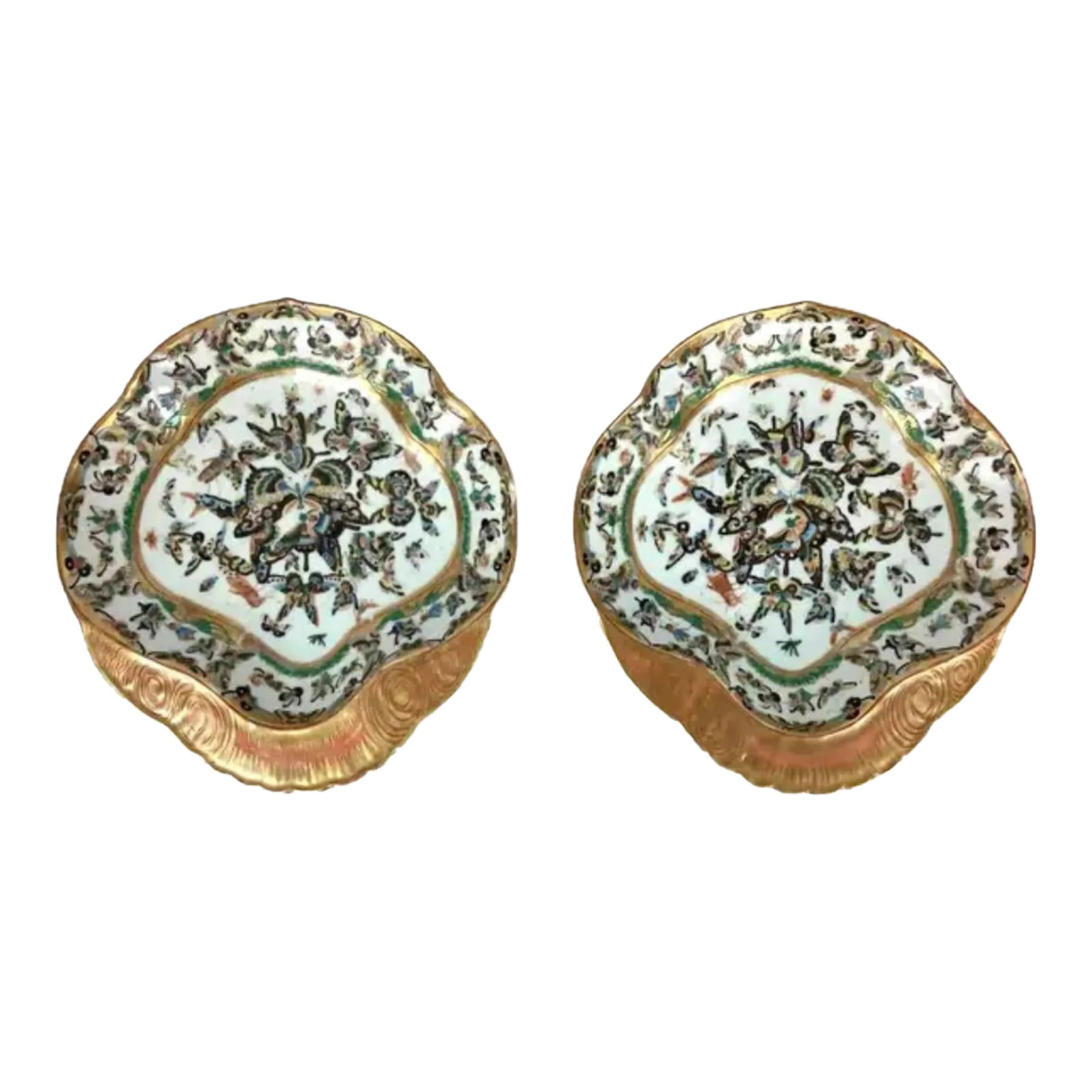 Pair of Antique Chinese Export Porcelain Butterfly Serving/Shrimp Dish: Rare pair of antique Chinese export porcelain butterfly serving/shrimp dish. Unique pair of dishes that include large gilt rim and gilt trim on plates decorated with butterflies in green, black,