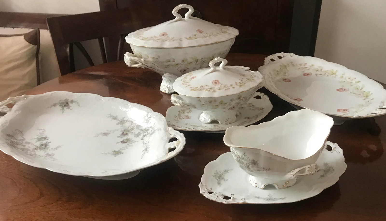 Boho Chic Antique French Porcelain Soup Tureen Serving Set- 5 Pieces - 2