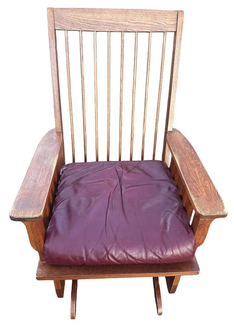 Arts & Crafts Quarter Sawn Oak Glider Rocker and Ottoman Set - Vintage Late 20th Century - 5