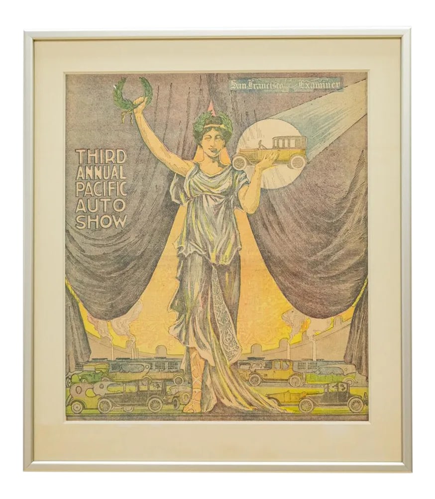 Art Deco Exhibition Poster | Pacific Auto Show 1919 San Francisco Examiner: This Antique, art deco exhibition poster is a full-page, multi-color illustrated newspaper advertisement for the Third Annual Pacific Auto Show, printed in the San Francisco Examiner. It features a