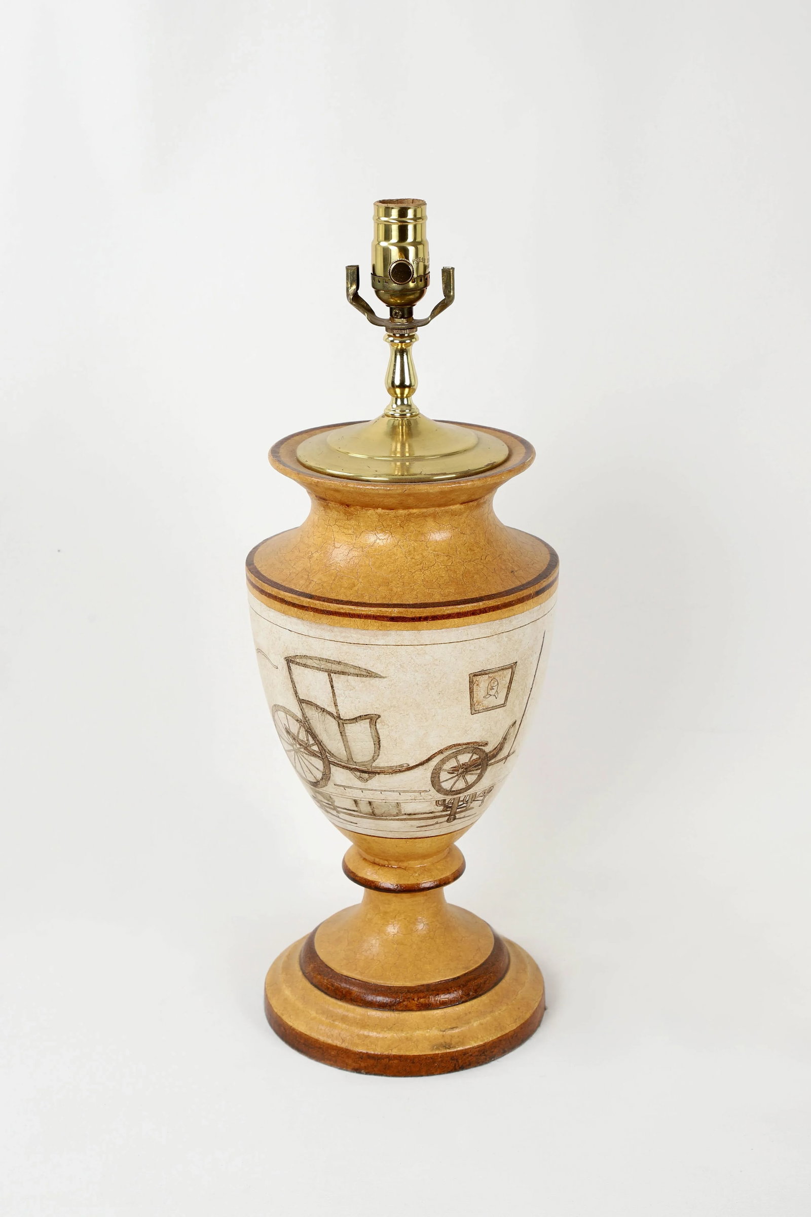 Vintage Amber Toned Crackle Paint Trophy Lamp With Painted Carriage - 2