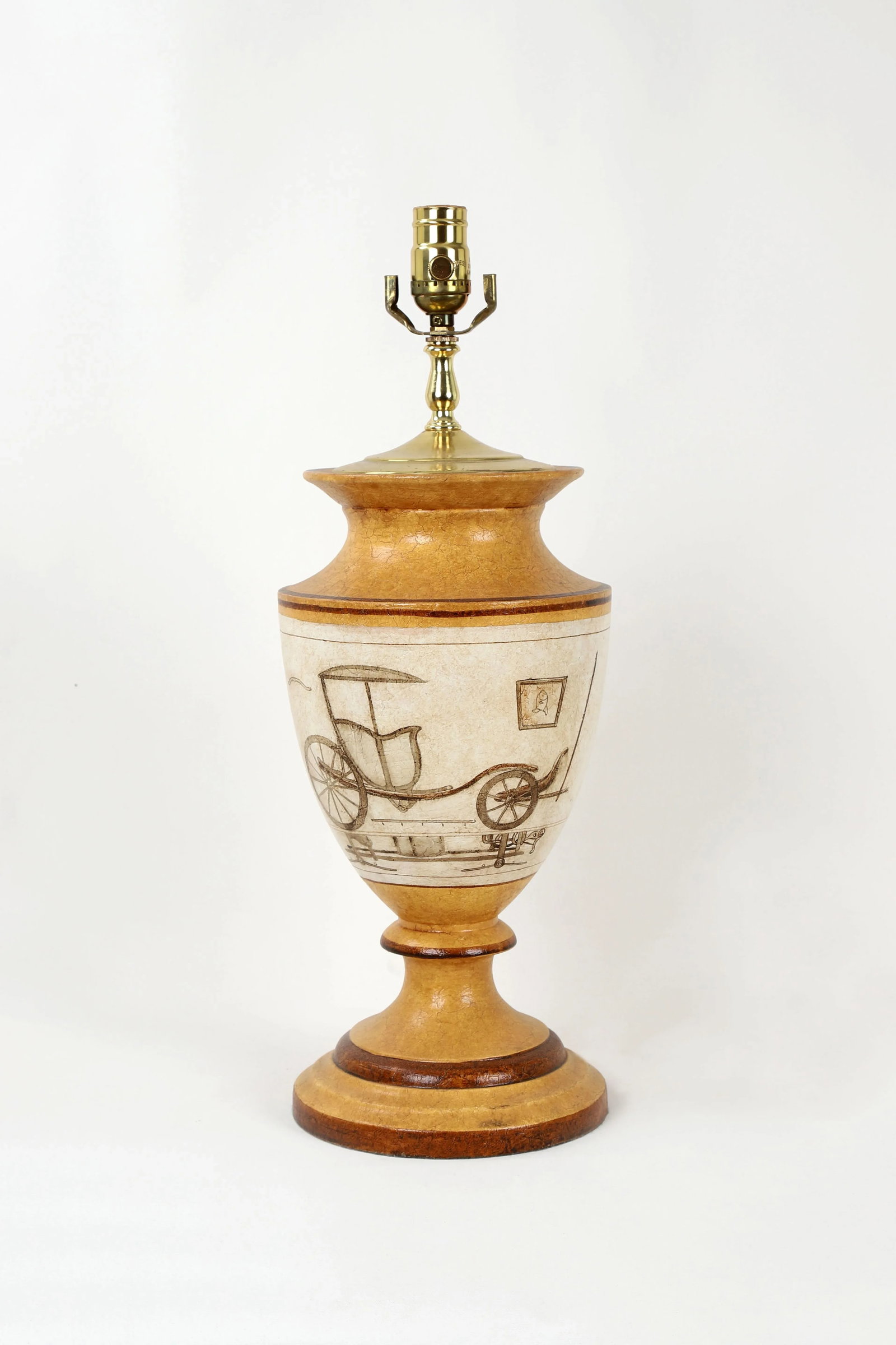 Vintage Amber Toned Crackle Paint Trophy Lamp With Painted Carriage - 7