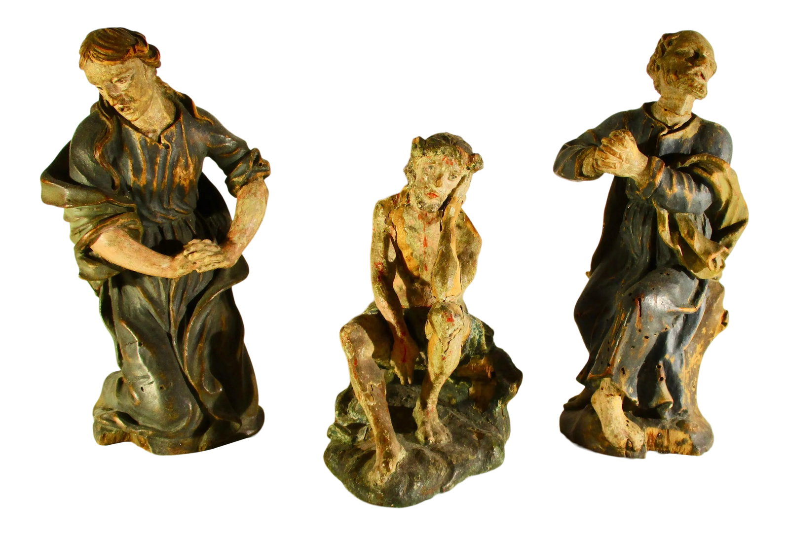 18th Century Antique German Church Wood Carved Figures - Group of 3: 18th century folk art carving of two saints and a Christ figure. Lovely group of images of faith and devotion. Carved in wood and polychromed paint details. Size 7.5" height of tallest base 3.5" by