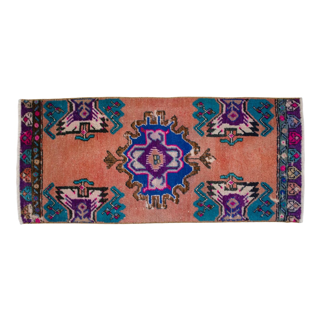 Front of Bath Sink Rug Hand Made Kitchen Mat Colorful Mini Rug 1'6" X 3'4": This hand-knotted Oushak gem features a striking salmon-orange field contrasted by vibrant turquoise and deep purple medallions. Its sun-faded patina and petite proportions make it an ideal "jewelry"