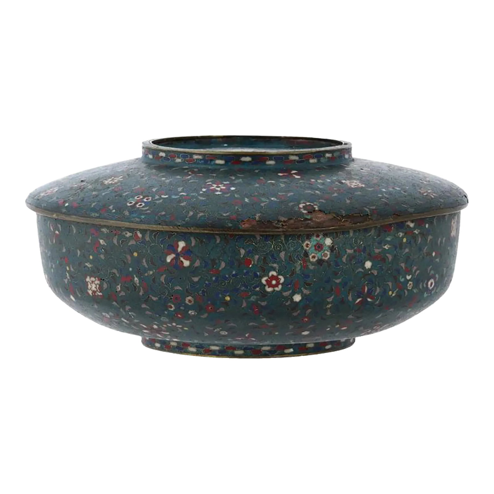 Late 19th Century Antique Edo Japanese Cloisonne Geometric Design Box: An antique Japanese flat brass enamel ceremonial food container with a cover. Characterized by cloisonne floral designs adorning the surface, this ceremonial container showcases the meticulous