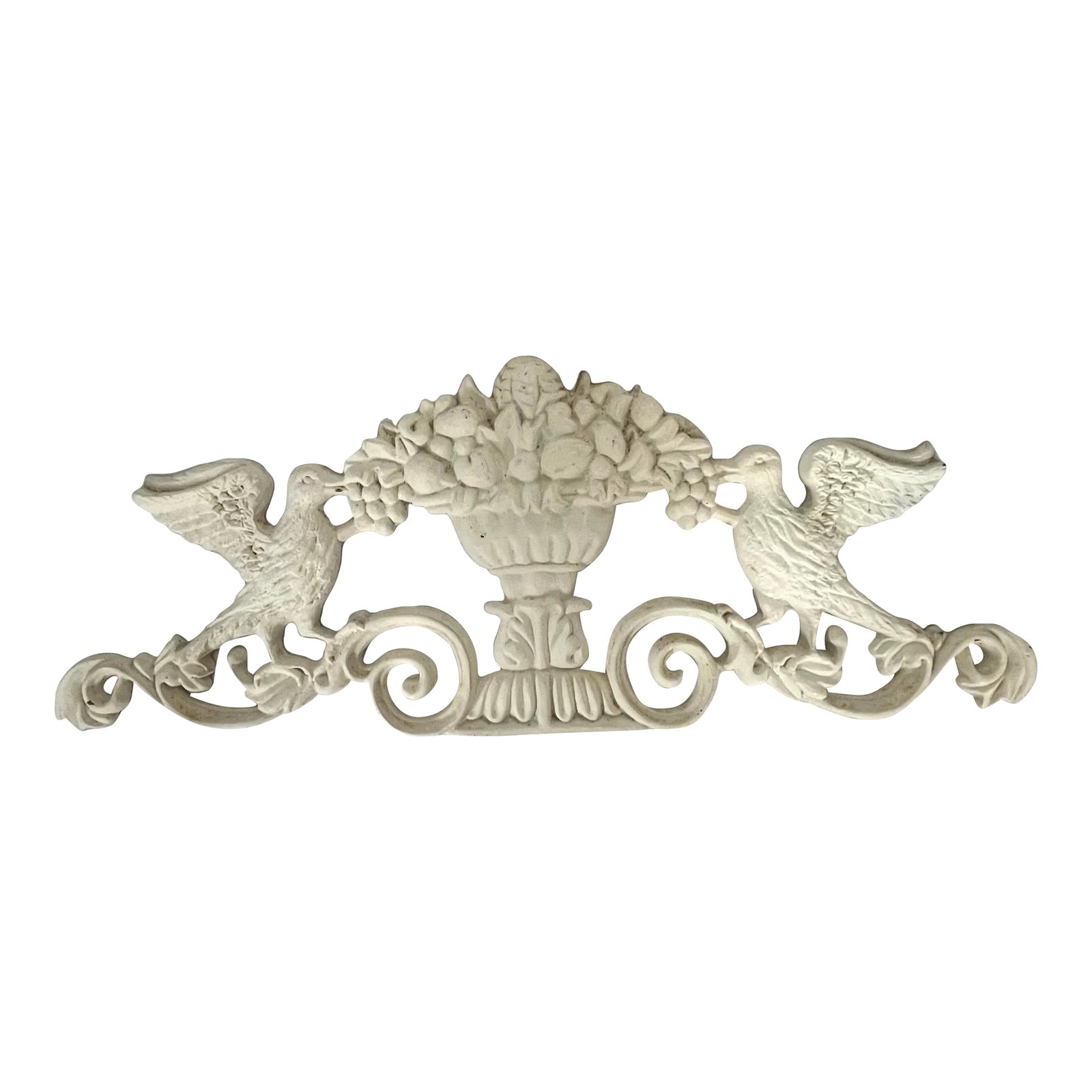 Garden Ornament Cast Iron Birds Flanking a Bowl of Fruit: Cast iron garden ornament. Birds flank a pedestal bowl filled with fruit. Painted in ivory. Some surface rust on back. Condition: Alterations: Original Condition Unaltered Imperfections: Some