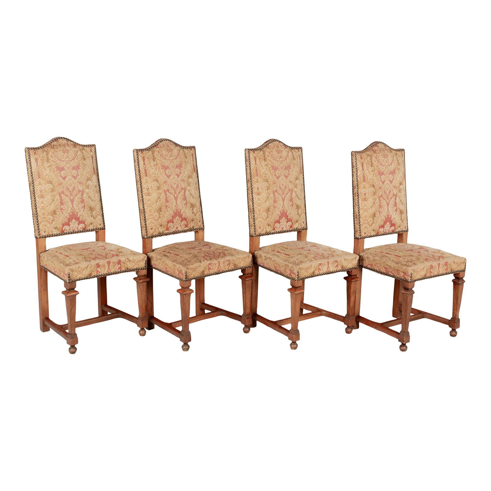 French Louis XIII Style Dining Chairs, Set of 4: A set of four French Louis XIII style dining chairs with solid beech wood frames. Original velvet brocade upholstery with nailhead trim. Sturdy and well-constructed with tall backs and stretchers.