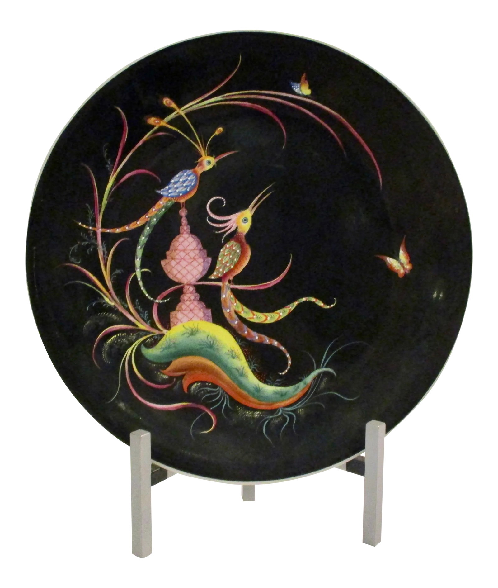 French Deco Charger With Birds: French Deco designed Limoges charger with fantasy birds. Signed to back in hand written script. Size of Platter 15.75" diameter, on stand 18" tall. Condition: Alterations: Original Condition