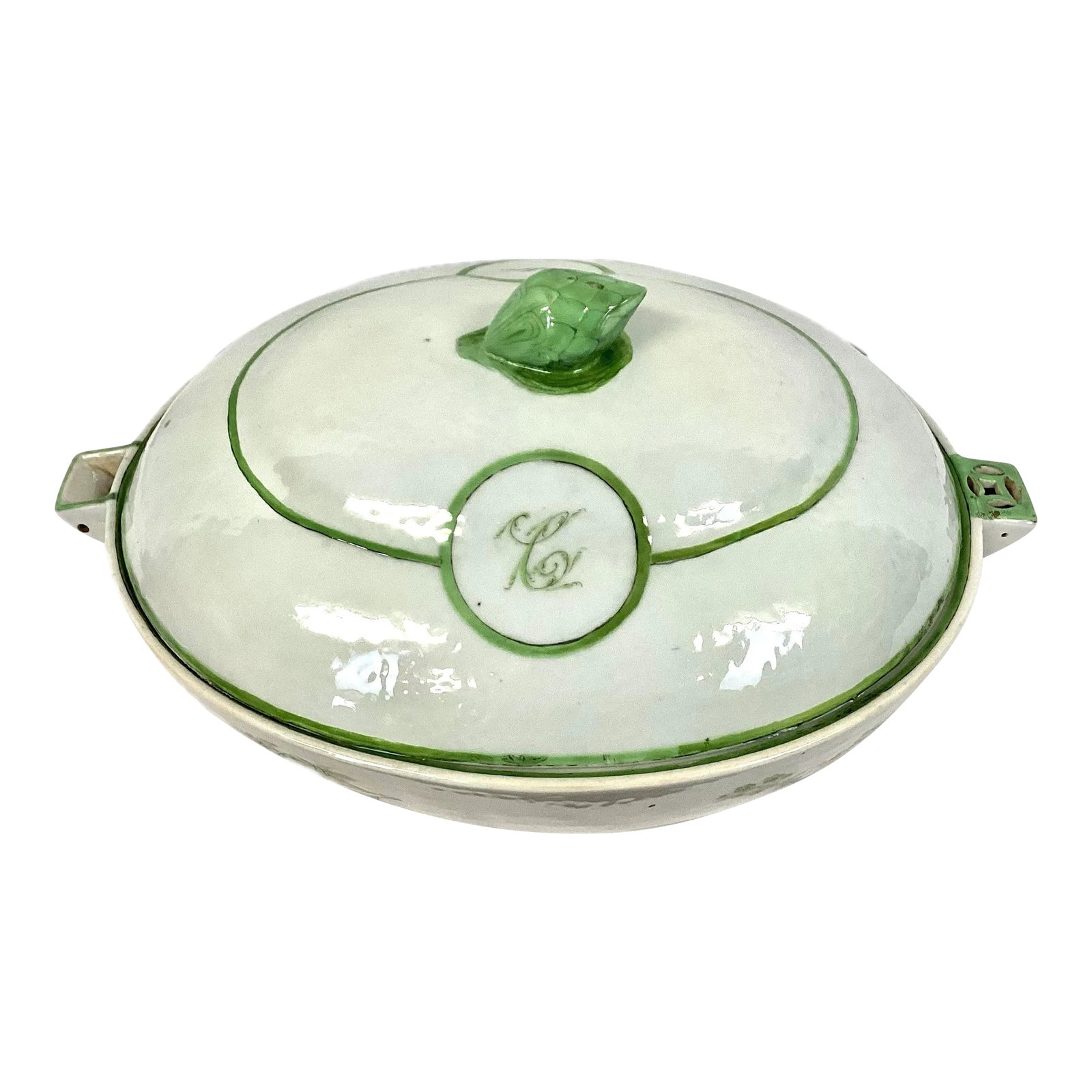 Large Chinese Export Porcelain Warming Dish With Lid: Rare find! Large 19th century Chinese Export porcelain warming dish with lid. Lid has a green porcelain artichoke handle. Beautiful colors of green and white with green florals and the monogram "C"