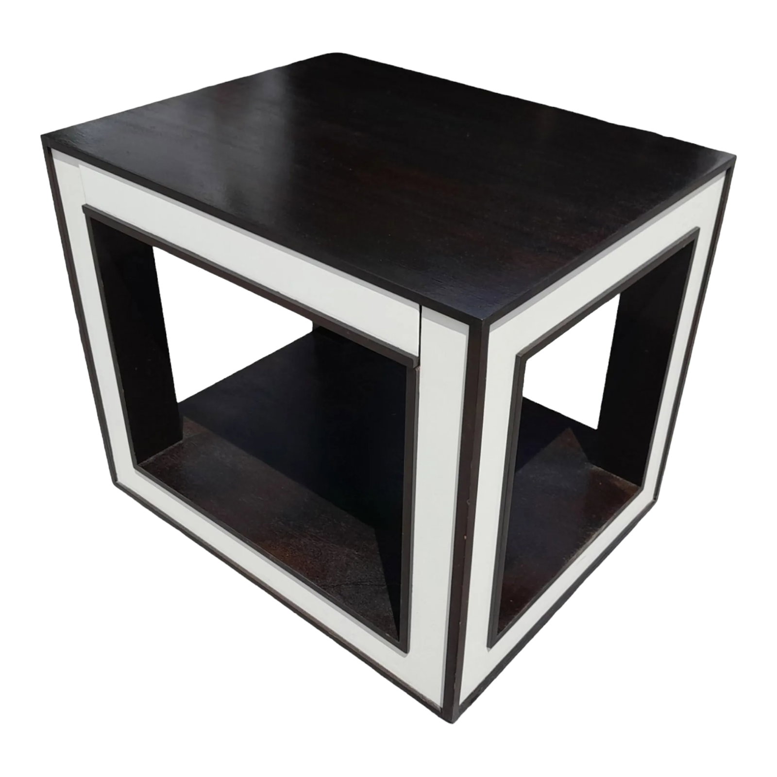 Michael Berman Los Angeles Marquis Side Table With Hidden Drawer. ': This table is from Michael Berman LA"˜s Marquis Collection. It's finished in a dark brown mahogany finish with trim of inset ivory. It features a hidden drawer and recessed pedestal base. It's a