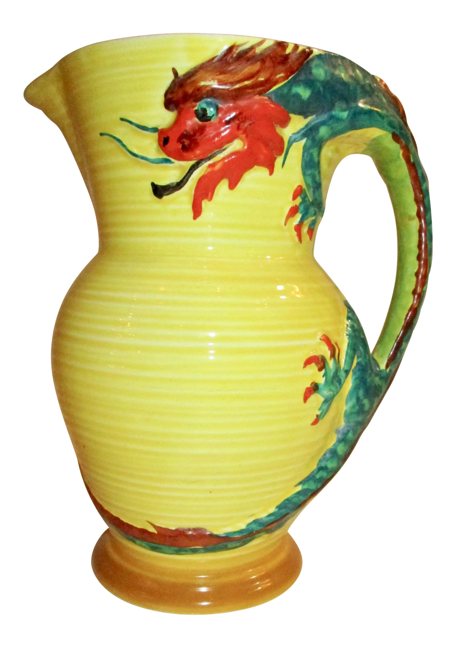 1930s Vintage Burleigh Ware English Yellow Pitcher: Bright yellow glazed pitcher with red and green dragon forming the handle and wrapping around the body. English makers mark too underside, Burleigh Ware and England. Size 7.75 " tall 6.5" from spout