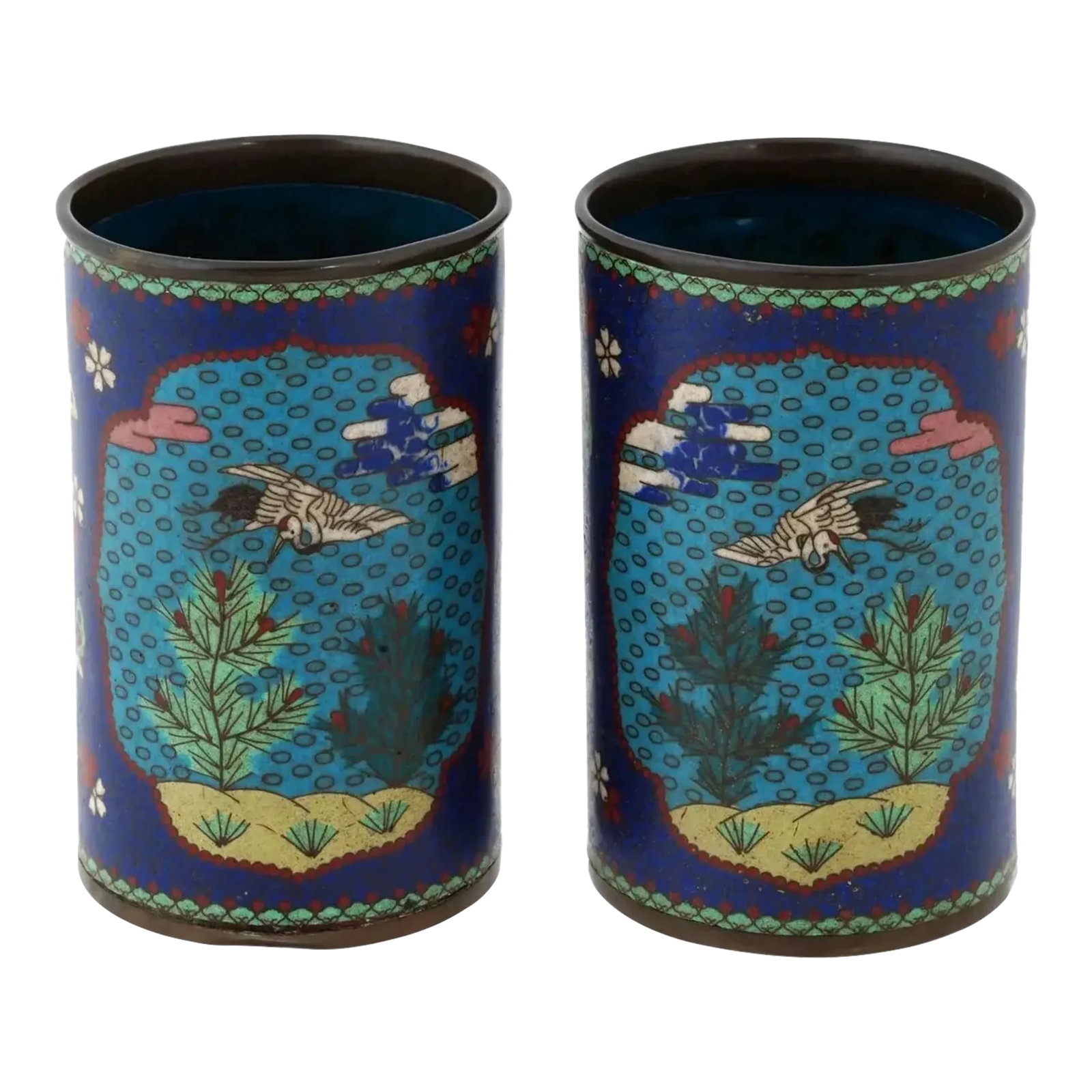 Pair of Early Meiji Japanese Cloisonne Brush Pots (1 of 7)