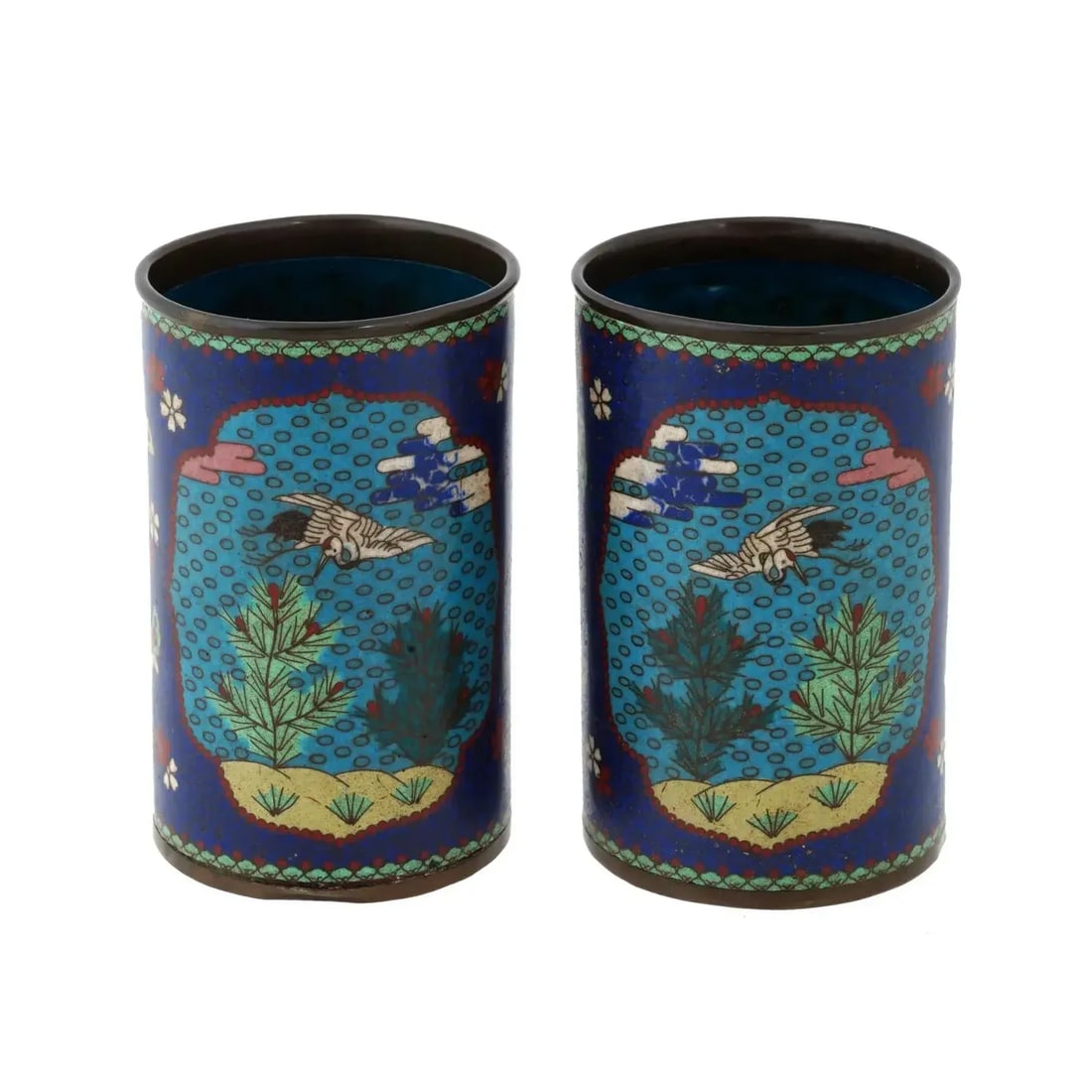 Pair of Early Meiji Japanese Cloisonne Brush Pots - 2