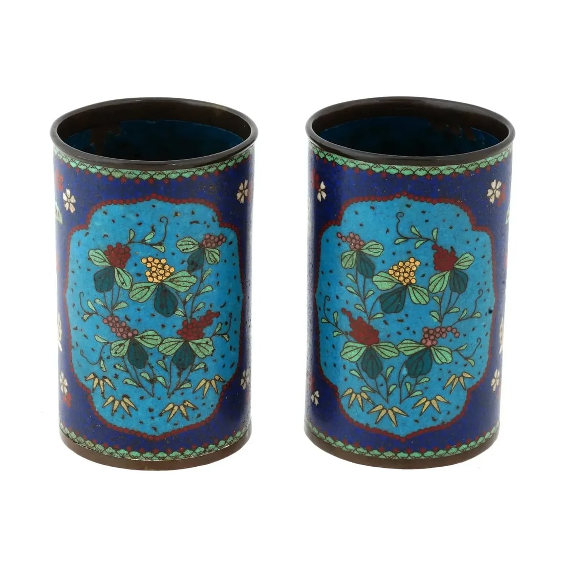 Pair of Early Meiji Japanese Cloisonne Brush Pots - 4