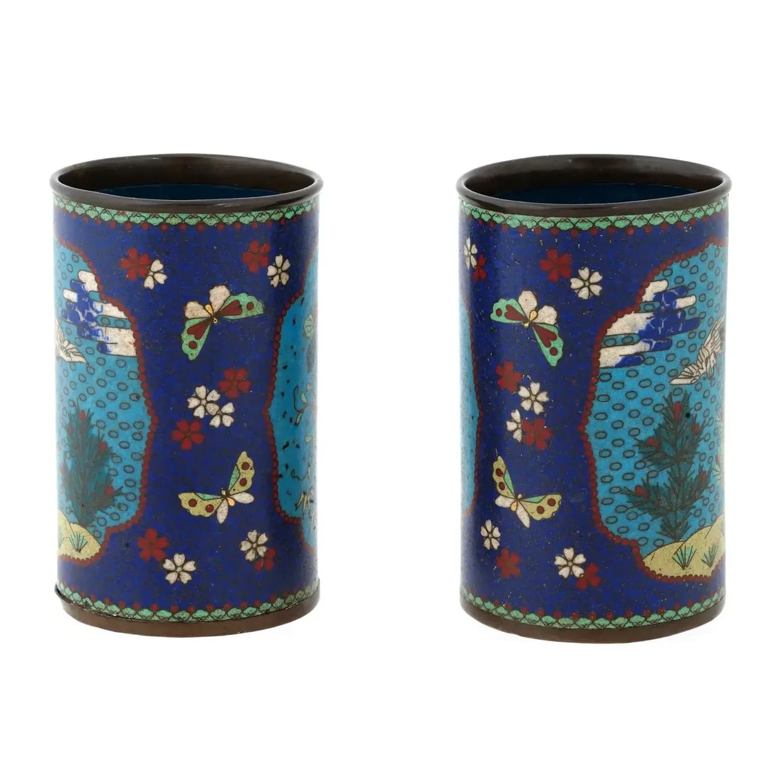 Pair of Early Meiji Japanese Cloisonne Brush Pots - 7
