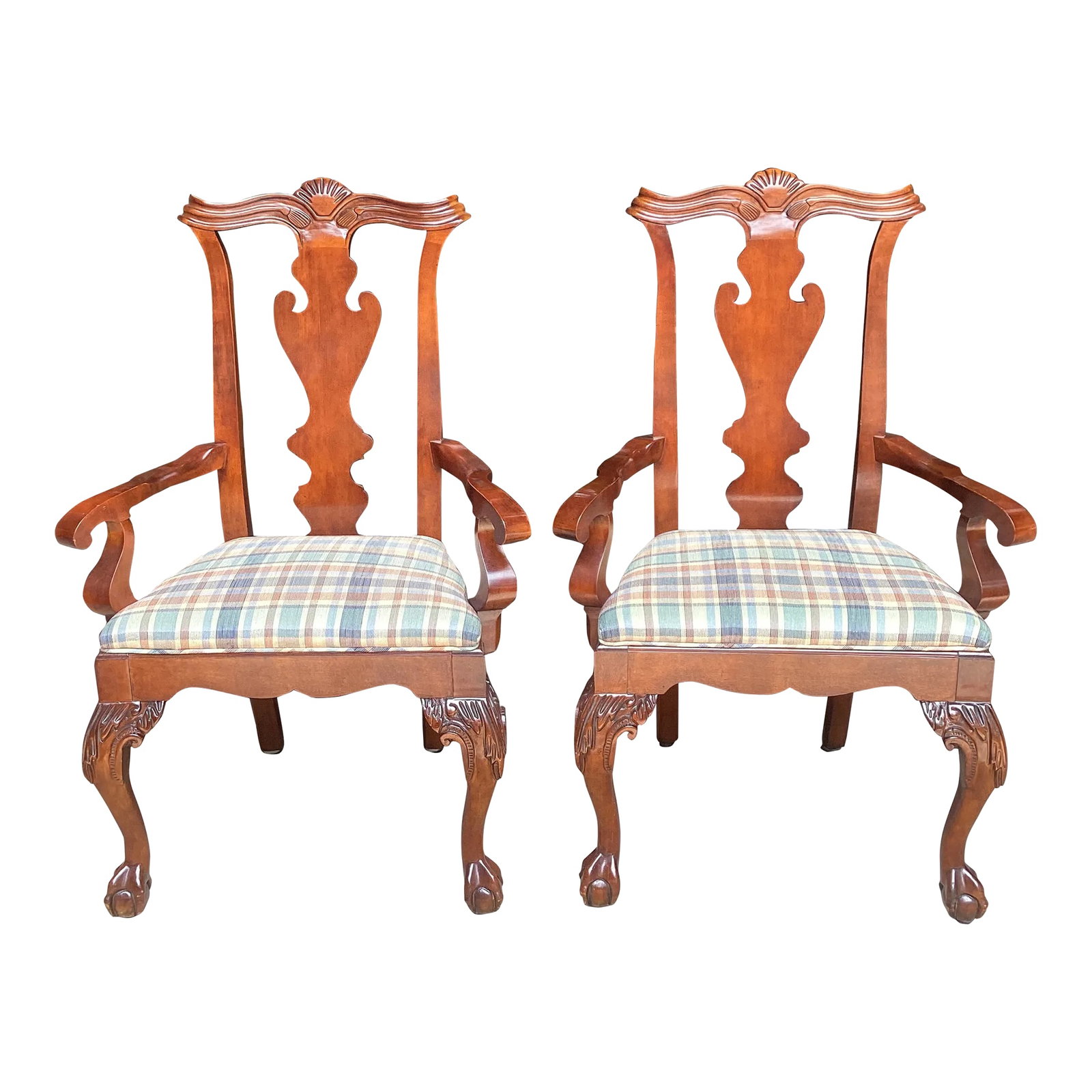 1990s Pair of Century Furniture Company Chinese Chippendale Armchairs With Madras Upholstered Seats: From Century Furniture these carved mahogany armchairs are quite heavy and well made. Classic Traditional Style with a soft colored Madras seat. A gorgeous pair. To View all of my listings at Bill