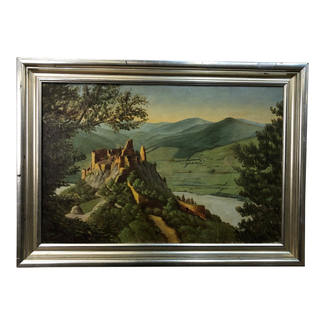 Mid 20th Century The Fortress Original Oil on Canvas Signed on the Bottom, Framed: This captivating original oil painting on canvas depicts a majestic fortress atop a hill, overlooking a moat-like body of water. The scene is rich with lush greens and towering mountains, creating a