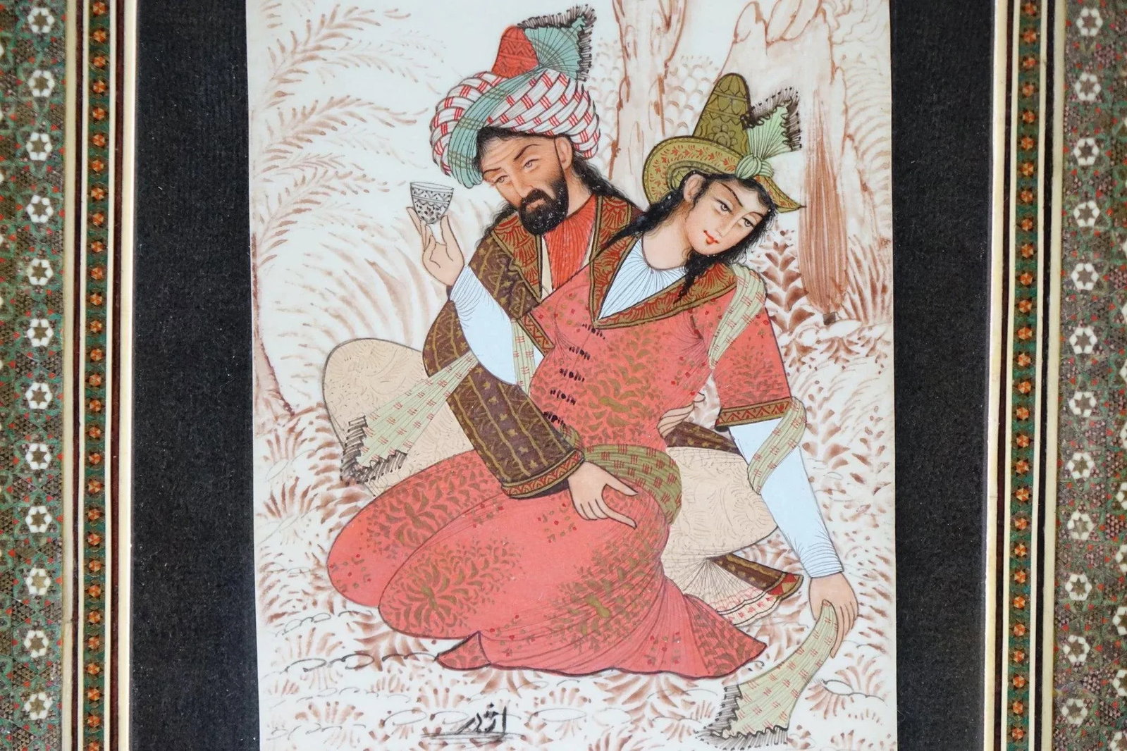 Persian Khatam Frame Inlaid With Artwork Paint on Faux Ivory Signed Original - 2