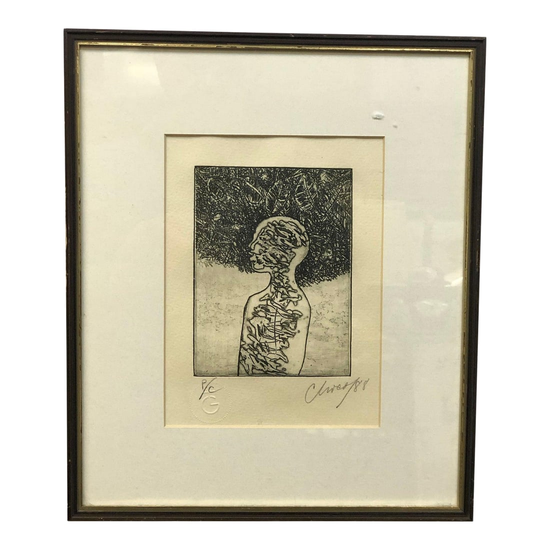 Mid 20th Century Abstract Relief Etching Signed, Framed: This is an abstract relief etching, signed - 11.5" x 13.5", featuring a striking depiction of a human figure with intricate patterns filling the interior form. The artwork presents a