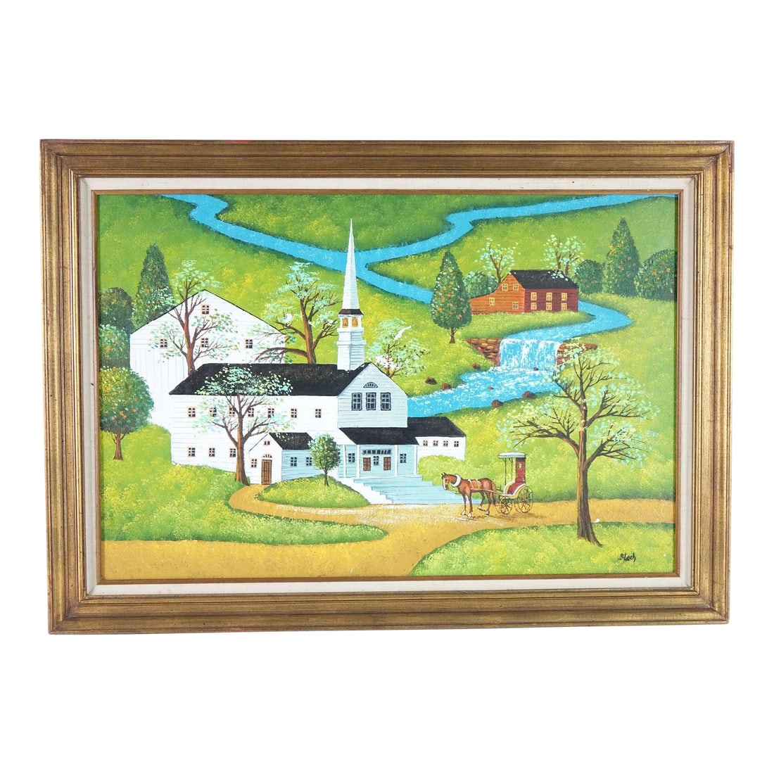 Late 20th Century The Church Large Original Oil on Canvas Signed, Framed: Original oil on canvas measuring 41.75" x 29.75". This vibrant piece showcases a white church set against a serene backdrop of a stream, with a trail winding in the foreground and lush, bright green