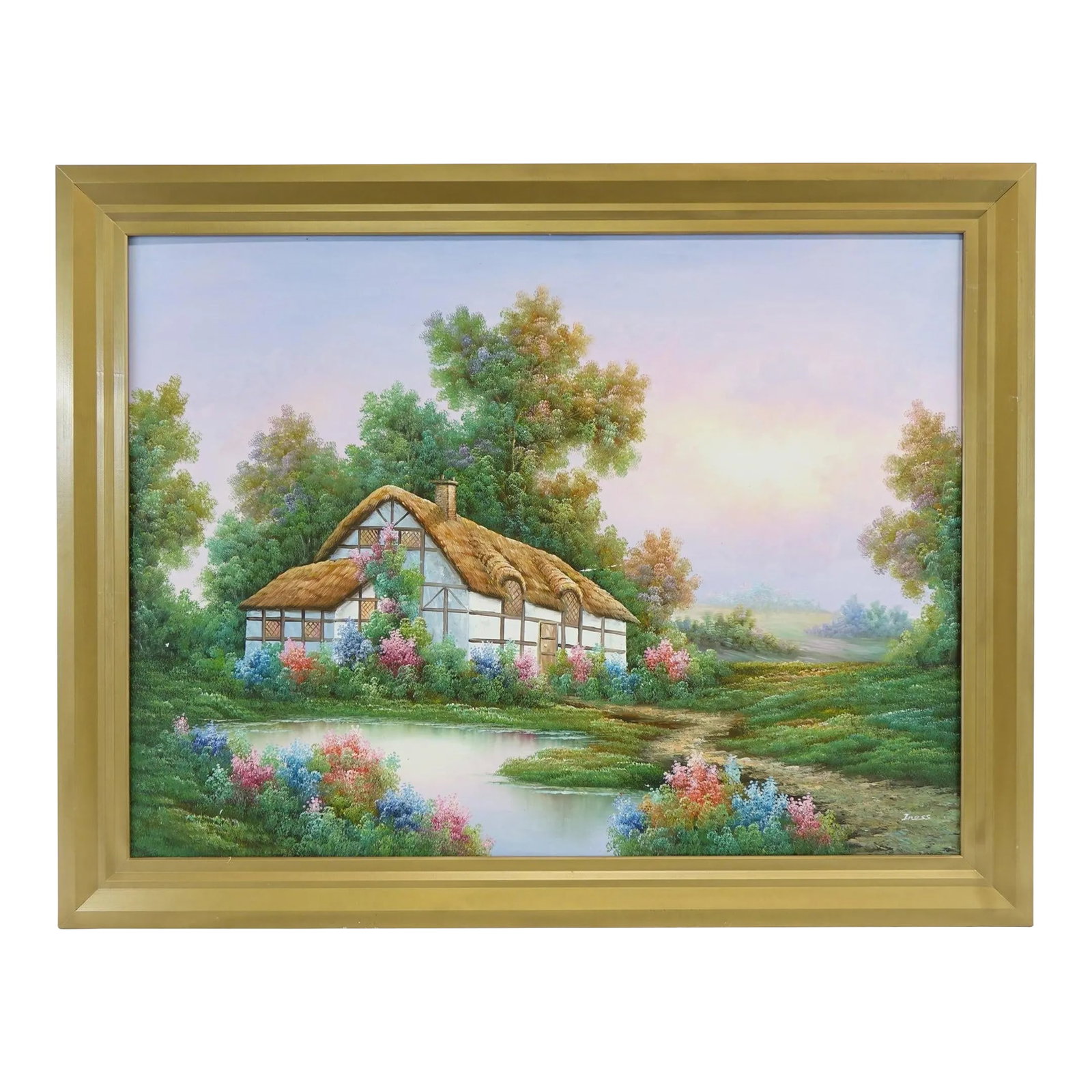 The Homestead Large Original Oil Painting on Canvas Signed: This beautiful large-scale oil painting, titled The Homestead, measures 55" x 43" and depicts a charming countryside cottage surrounded by vibrant blooms and lush greenery. Signed by the artist, this