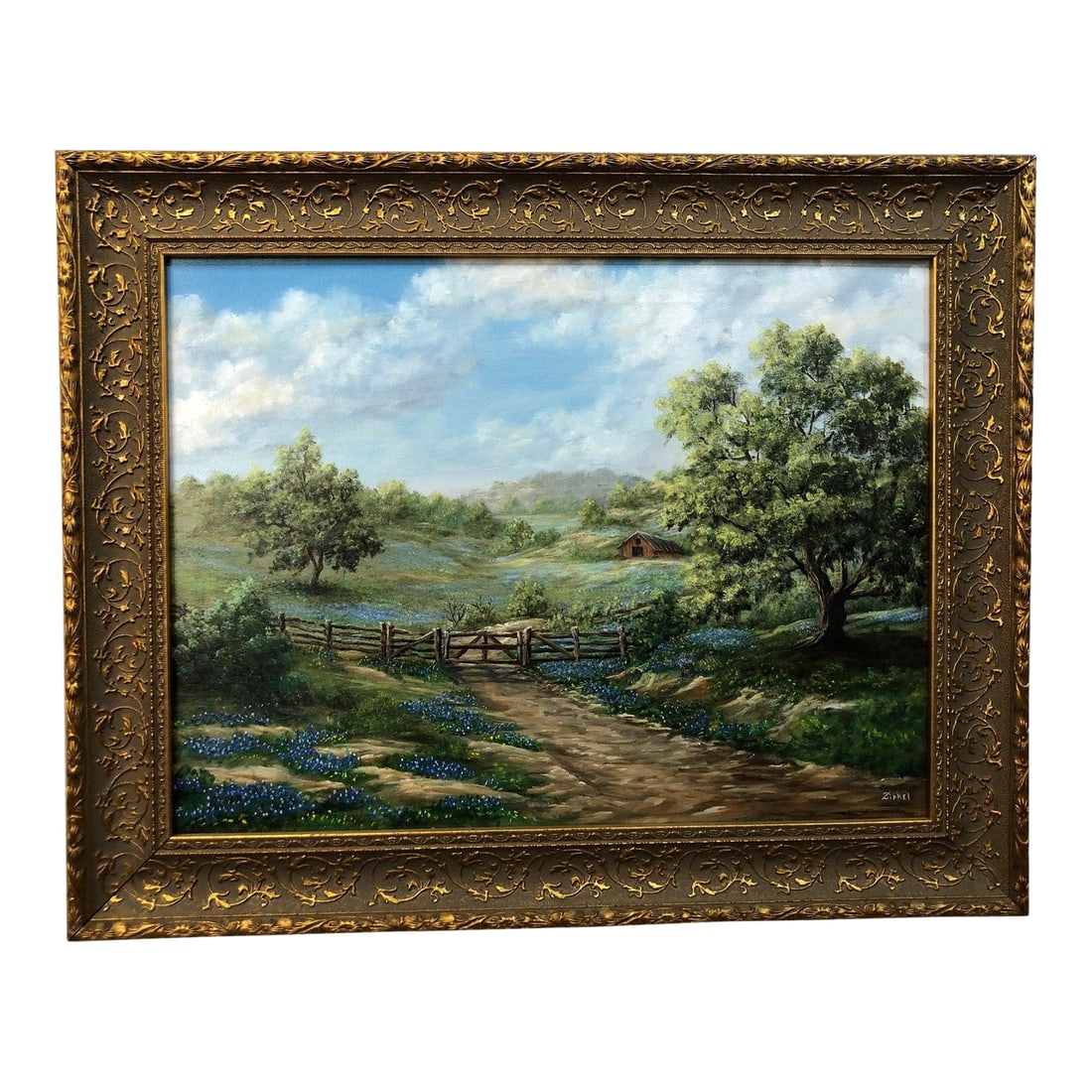Late 20th Century Pathway to the Farm – Original Oil on Canvas, Signed, Framed: This inviting original oil painting showcases a serene countryside scene, featuring a pathway leading to a charming farm. A rustic wooden fence lines the way, guiding the viewer through lush green fie