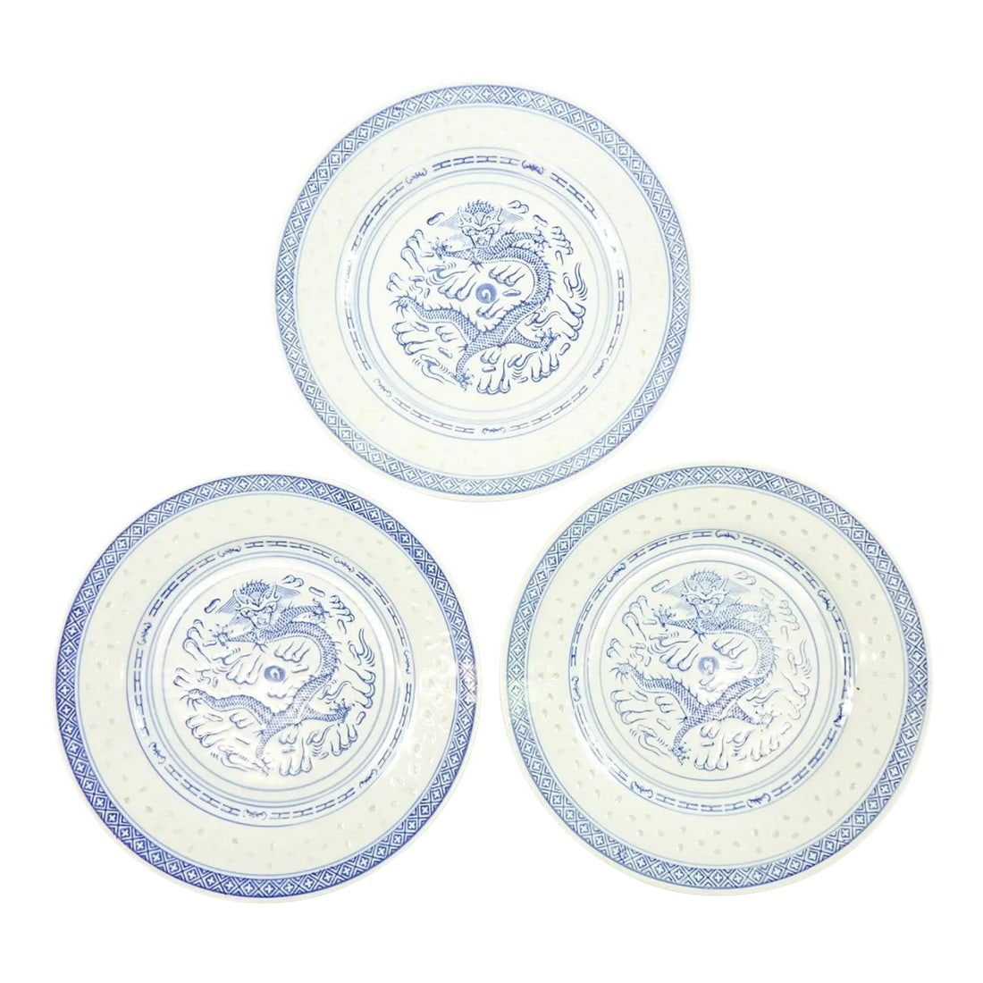 Vintage Chinese Blue and White Porcelain Plates With Dragon Design- Set of 3: Set of 3 Vintage Chinese Blue and White Porcelain Plates with Dragon Design - 10" x 10" x 2" This exquisite set of three vintage Chinese blue and white porcelain plates features an elegant and