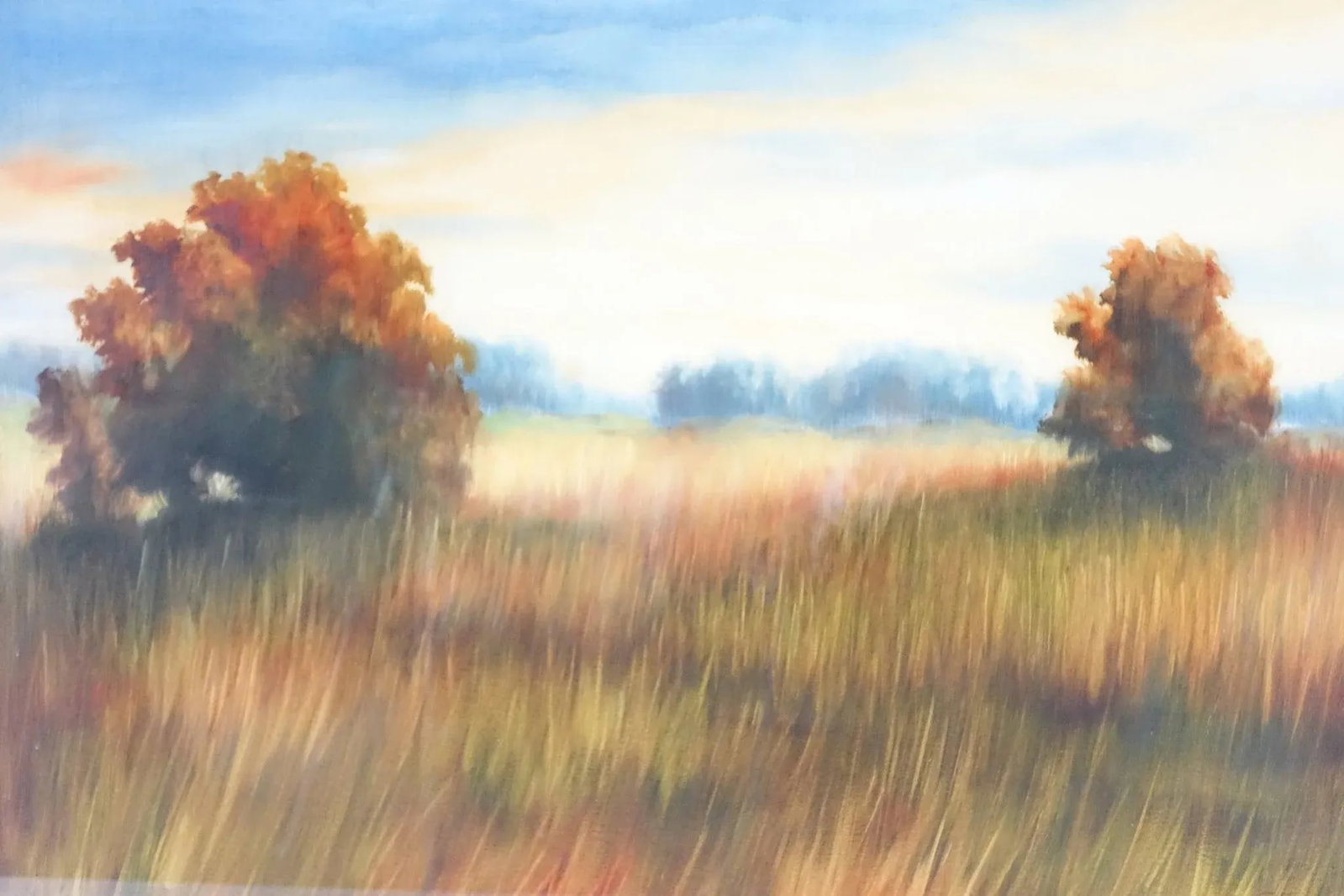 Original Watercolor on Board – Serene Field & Meadow With Trees, Signed, Framed - 2