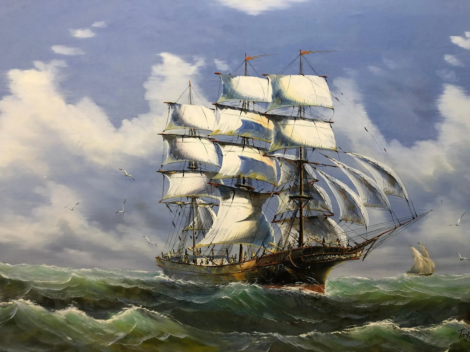 Mid 20th Century Ship at Sea Painting, Signed on the Bottom, Framed - 2