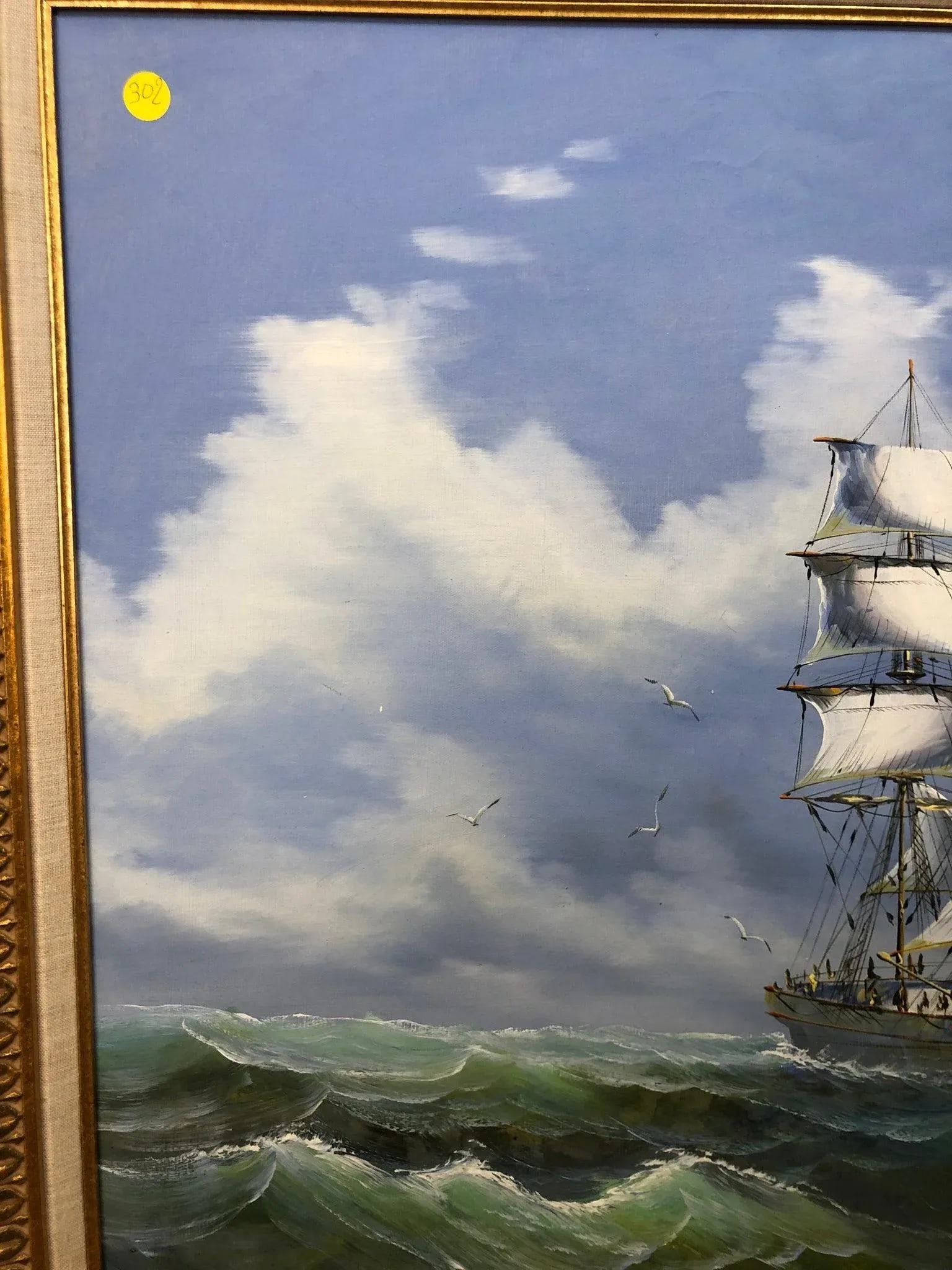 Mid 20th Century Ship at Sea Painting, Signed on the Bottom, Framed - 4