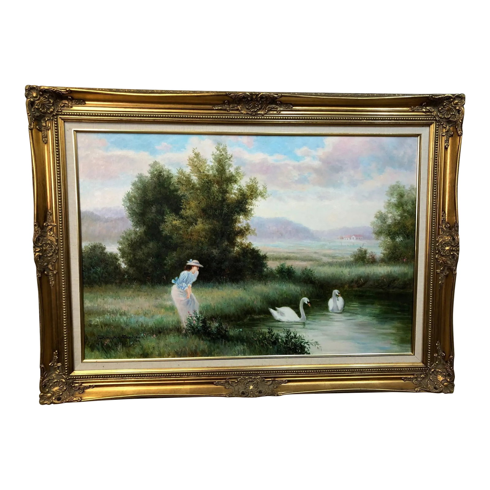Late 20th Century European School Lady Watching Swans – Original Signed Oil on Canvas: This serene and peaceful oil painting on canvas captures a graceful lady dressed in a light blue outfit and hat, gazing at elegant white swans gliding across a tranquil lake. Surrounded by lush