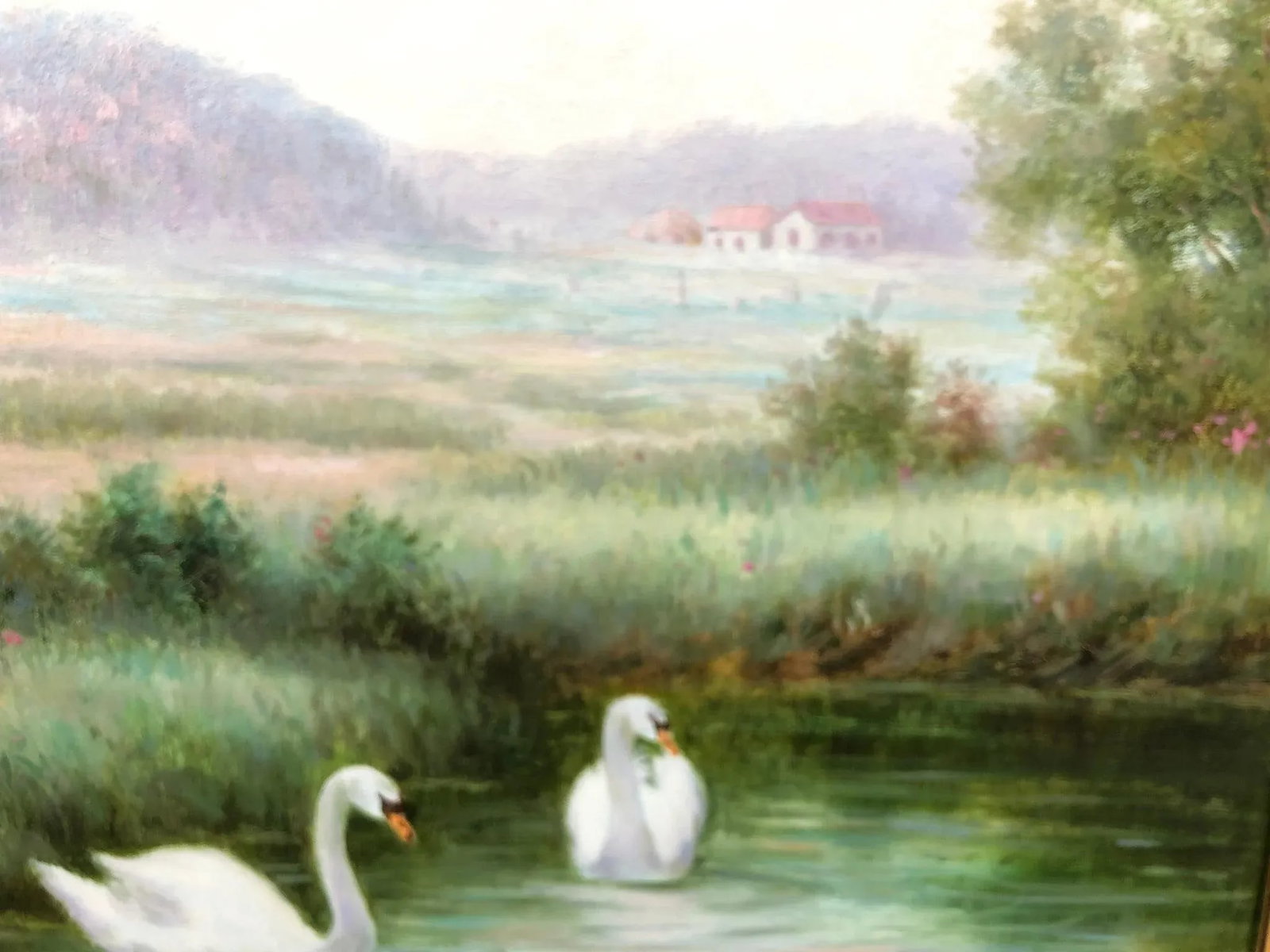 Late 20th Century European School Lady Watching Swans – Original Signed Oil on Canvas - 4