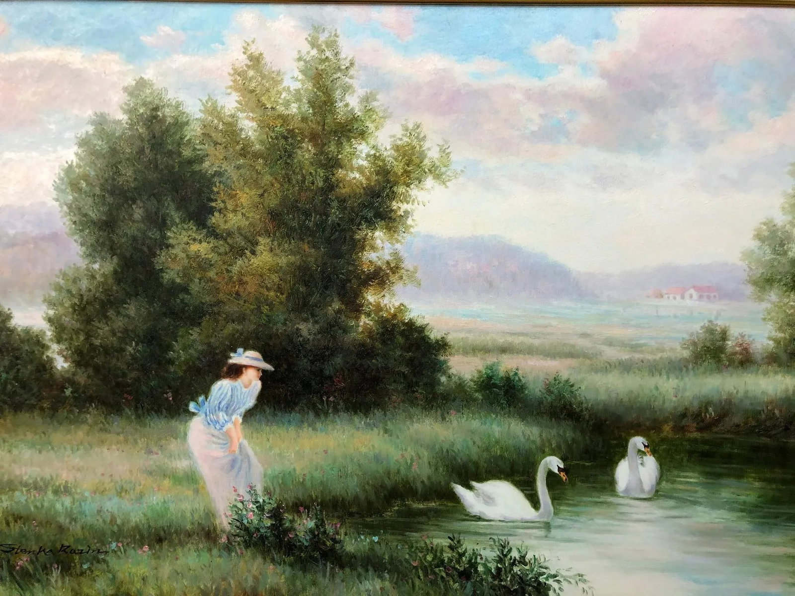 Late 20th Century European School Lady Watching Swans – Original Signed Oil on Canvas - 6