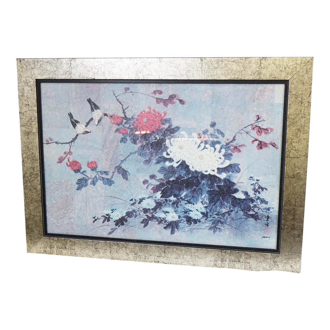 Original Oil Painting on Canvas – Snow-Covered Branch With Flowers & Birds, Signed, 27" X 29": This captivating original oil painting beautifully captures the delicate balance between winter and spring. A snow-covered branch, adorned with vibrant pink and red flowers, creates a striking