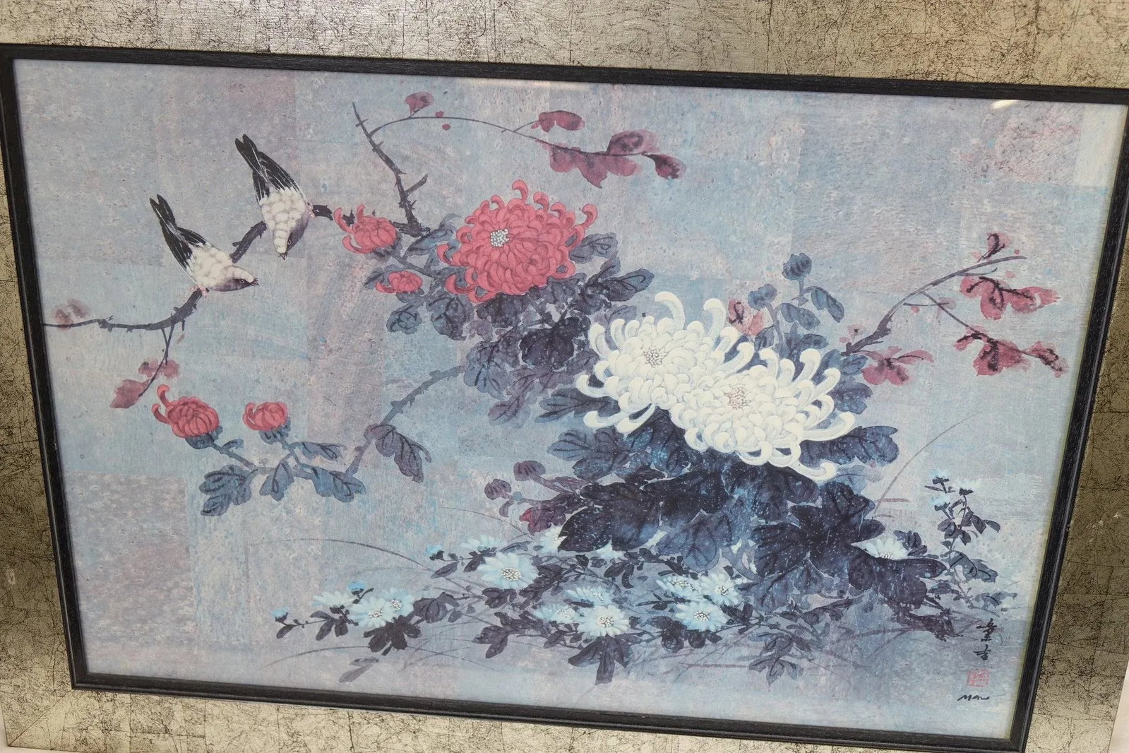 Original Oil Painting on Canvas – Snow-Covered Branch With Flowers & Birds, Signed, 27" X 29" - 3