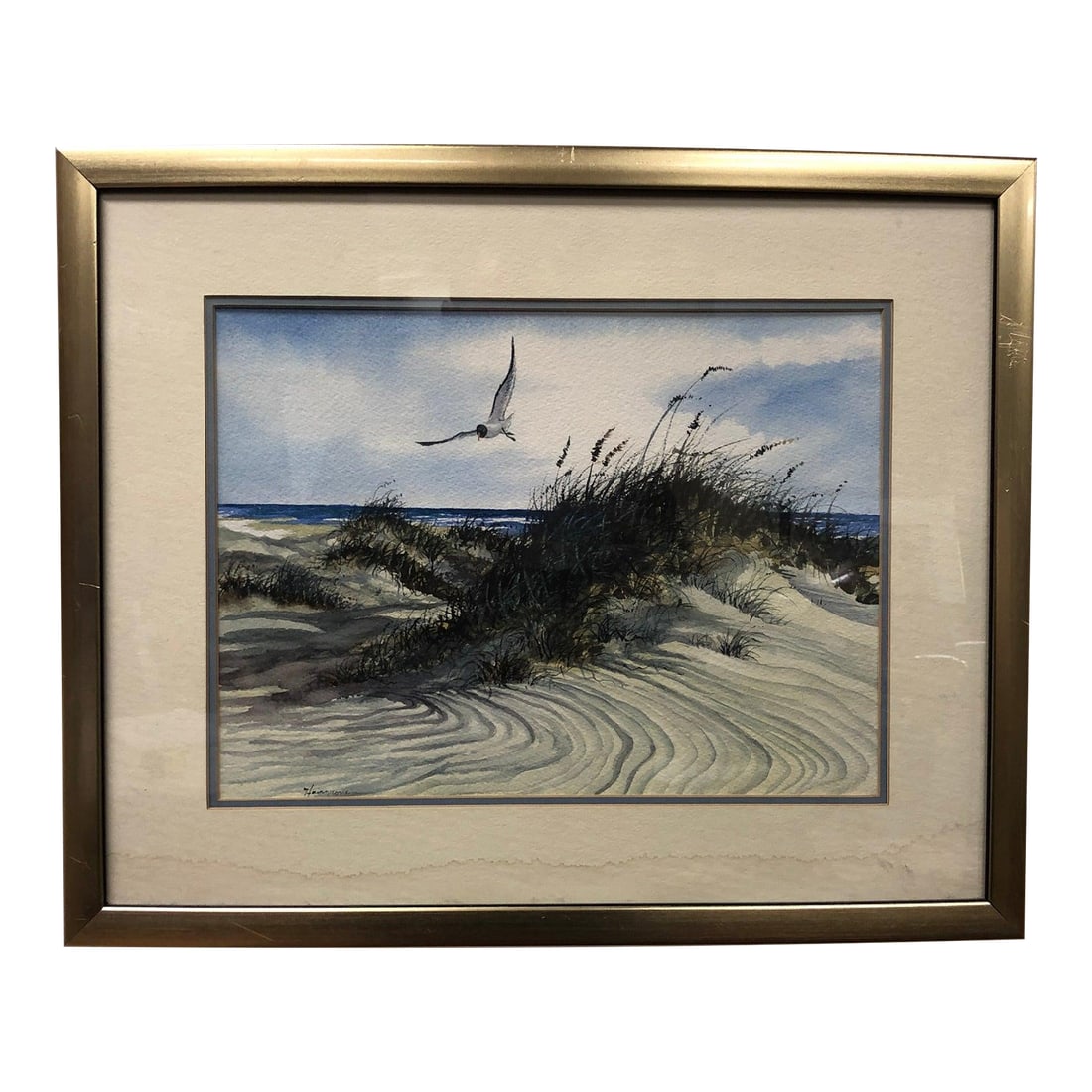 Late 20th Century The Beach and the Bird Original Watercolor, Framed: The Beach and the Bird, Original Watercolor – 21" x 17" Capture the calm and freedom of the seaside with this original watercolor painting, titled The Beach and the Bird. The scene depicts a sun