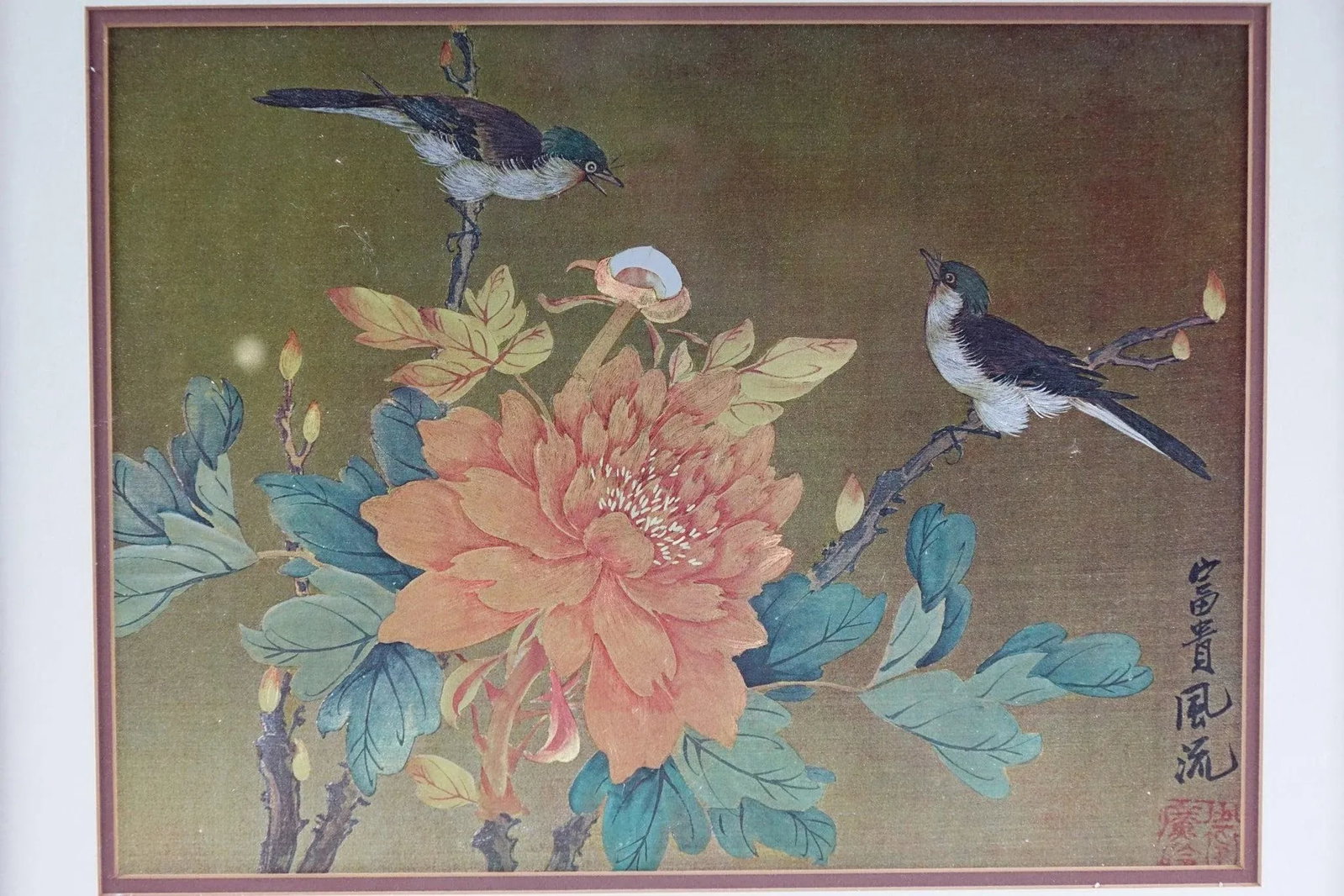 Mid 20th Century Original Asian Bird Flora Painting on Silk Signed - 3