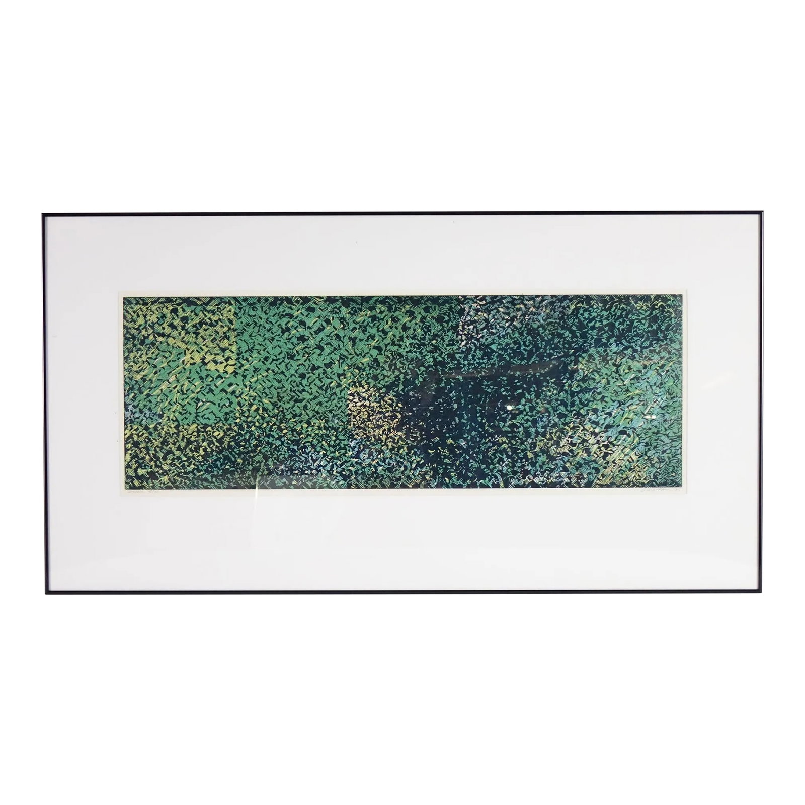 Mid 20th Century Abstract Large Lithograph, 15 of 30 and Signed: Abstract Large Lithograph 15/30, Signed - 47" x 25" This striking abstract lithograph offers a captivating interplay of color and texture, blending shades of deep green, blue, and subtle yellow tones