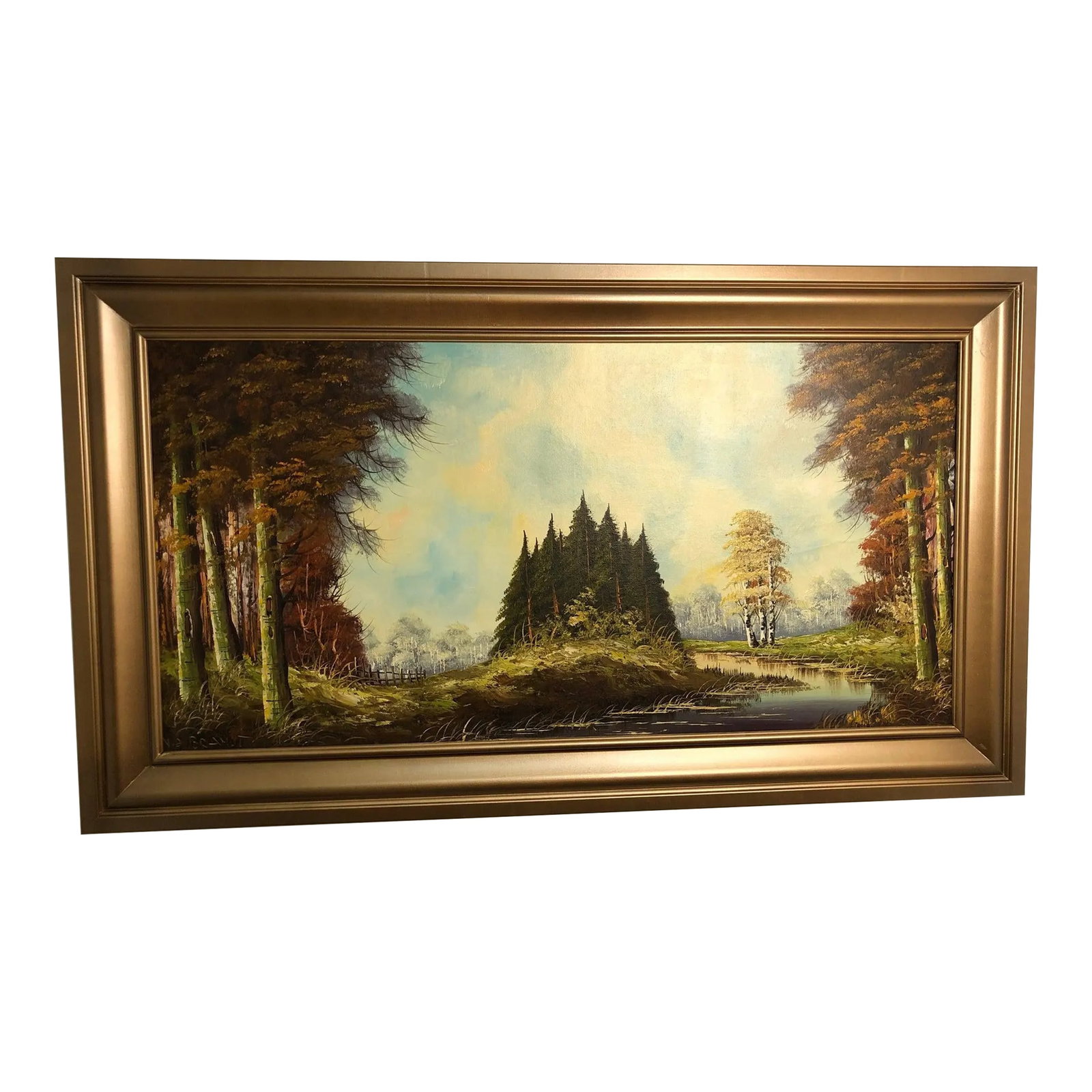 Late 20th Century Pine Forest Oil on Canvas – Signed: This stunning oil painting on canvas captures a serene clustered green pine forest at the center, with a gentle river or stream flowing in from the right. The scene is set against a cloudy blue sky,