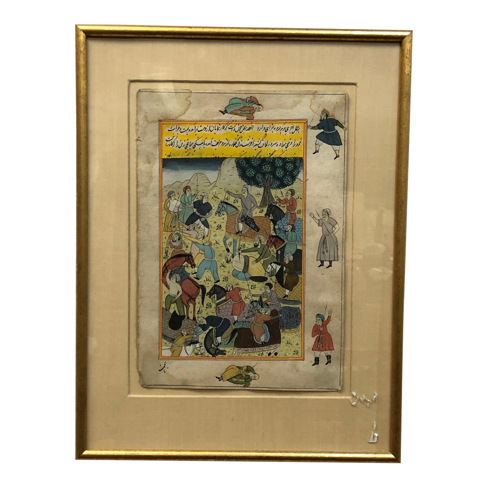 Late 19th Century Battlefield Antique Persian Original Watercolor on Paper Signed, Framed: Battlefield – Antique Persian Original Watercolor on Paper, Signed – 13" x 17" This powerful antique Persian watercolor depicts a dynamic battlefield scene rendered with meticulous