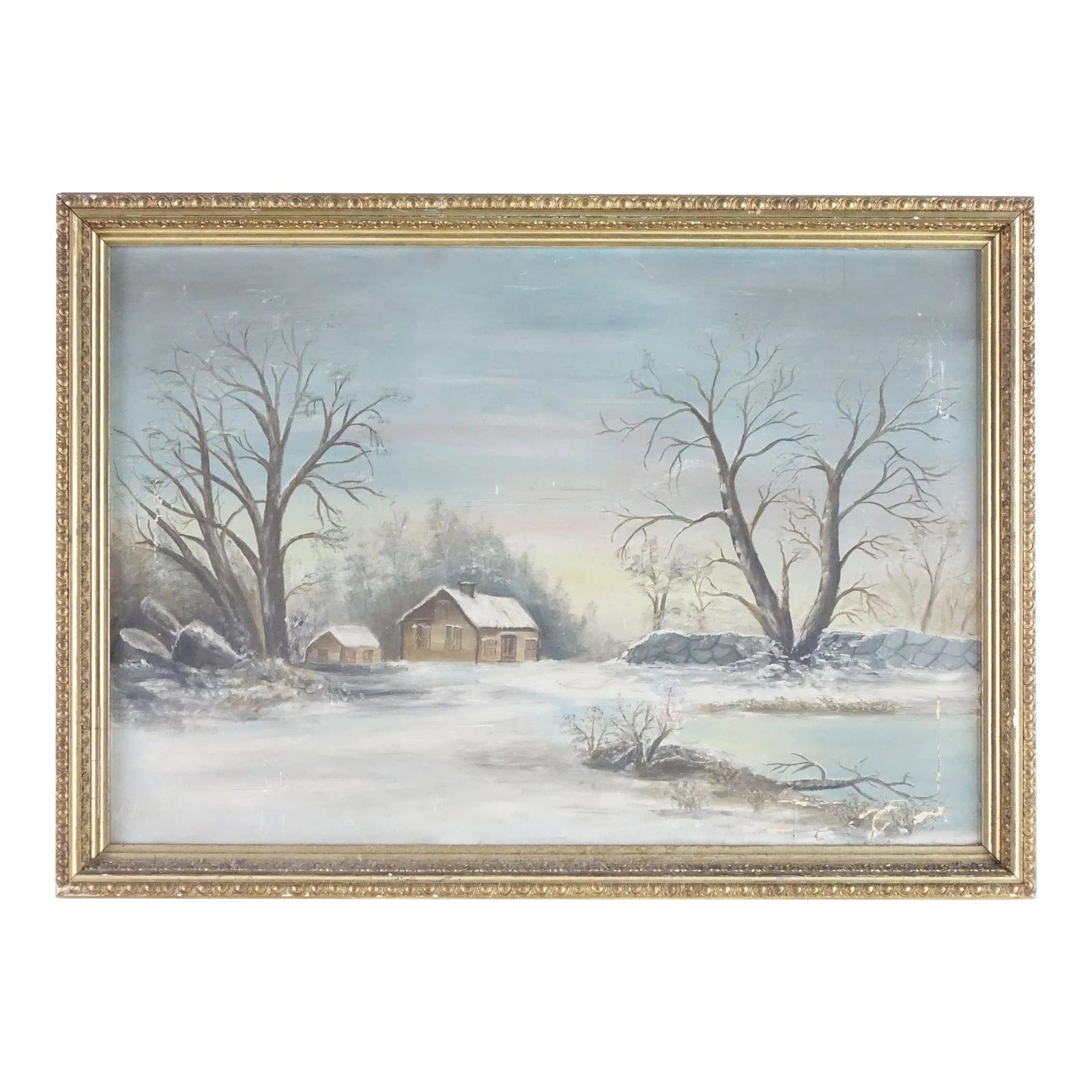 Landscape 19th Century Original Oil Painting on Canvas, Framed: This 19th-century original oil painting captures the serene beauty of a winter landscape, where a tranquil, snow-covered scene unfolds under a soft, muted sky. The painting features a small, rustic ca