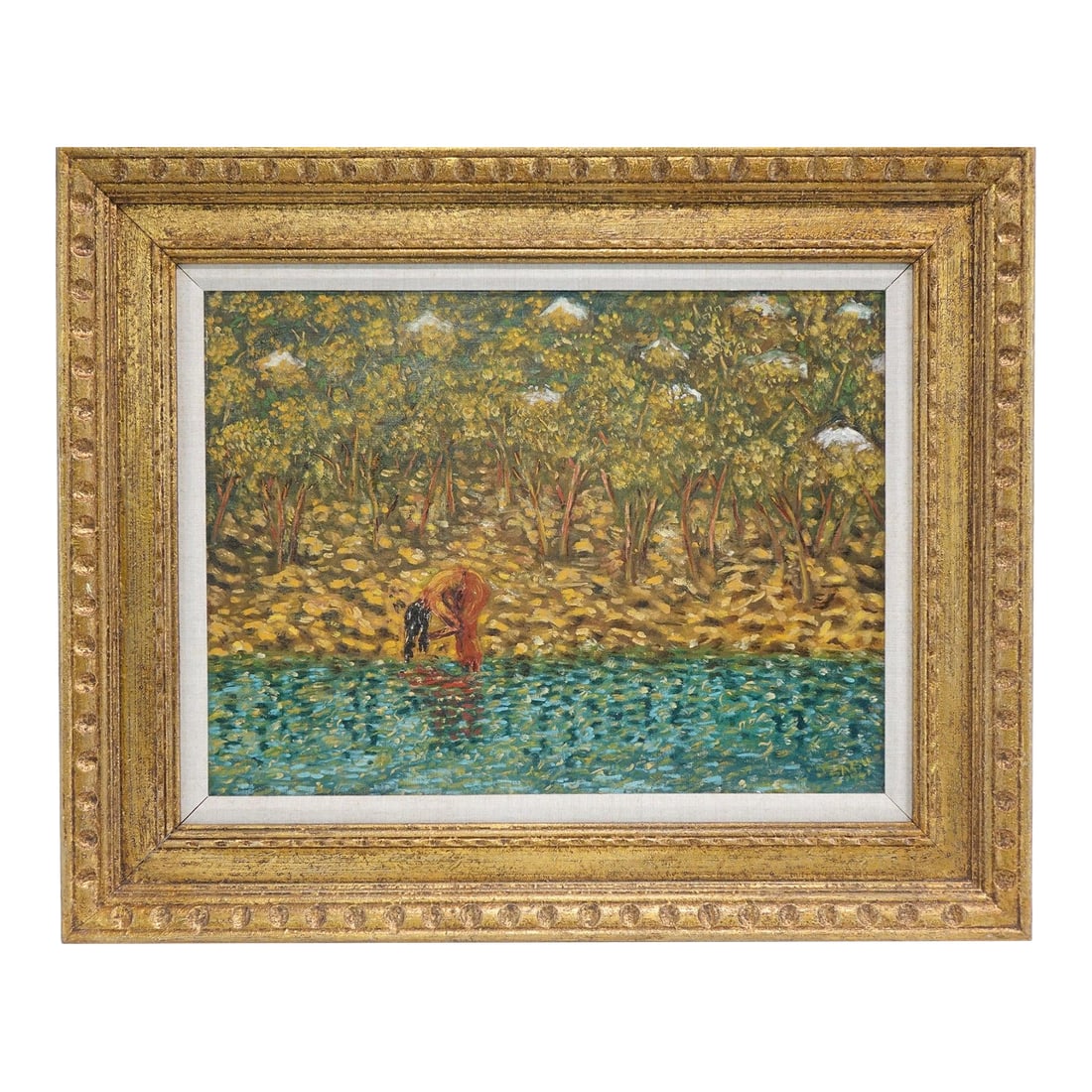 Mid 20th Century Woman at the Water Original Oil on Canvas Signed: Woman at the Water – Original Oil on Canvas, Signed – 33Êº × 27Êº This captivating oil painting, Woman at the Water, presents a serene and impressionistic