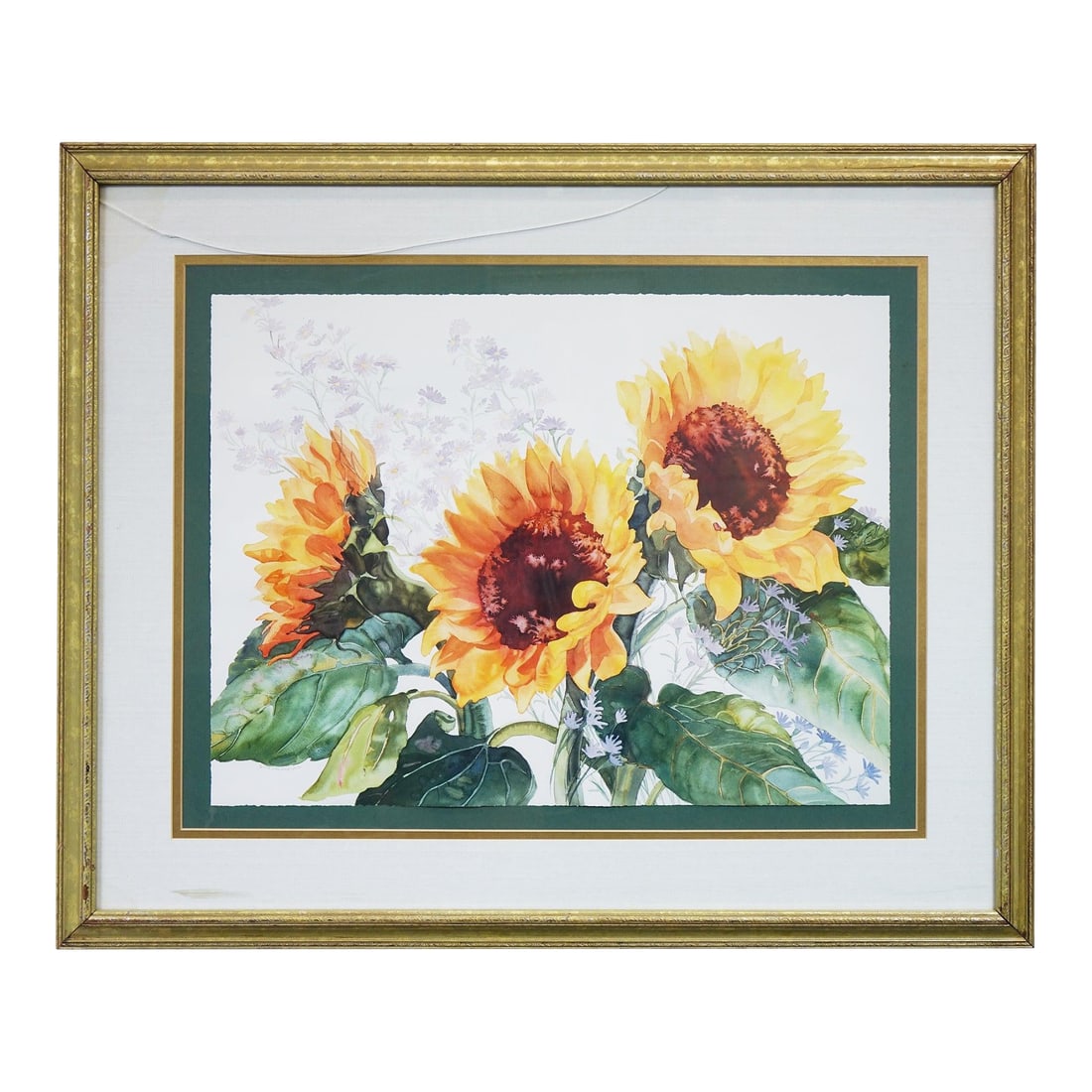 Golden Bloom - Late 20th Century Watercolor Print on Paper Signed, Framed: This vibrant watercolor print presents a joyful and detailed study of three sunflowers in full bloom, their golden petals radiating outward from rich, earthy centers. The composition balances realism