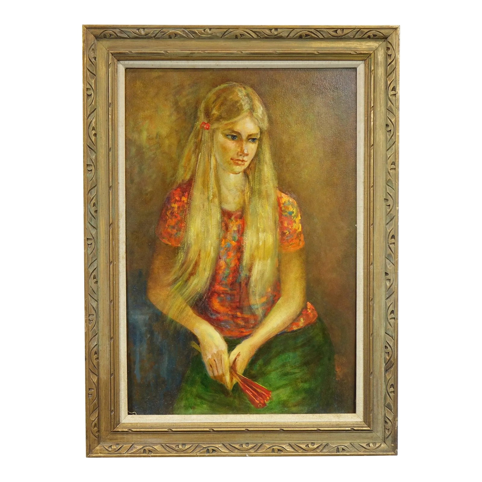 Mid 20th Century Portrait Oil Paint on Canvas Board Original, Framed: Original Portrait Oil Painting on Canvas Board - 32" x 43.75" This captivating original oil painting on canvas board measures 32 inches by 43.75 inches, showcasing a beautifully rendered portrait of