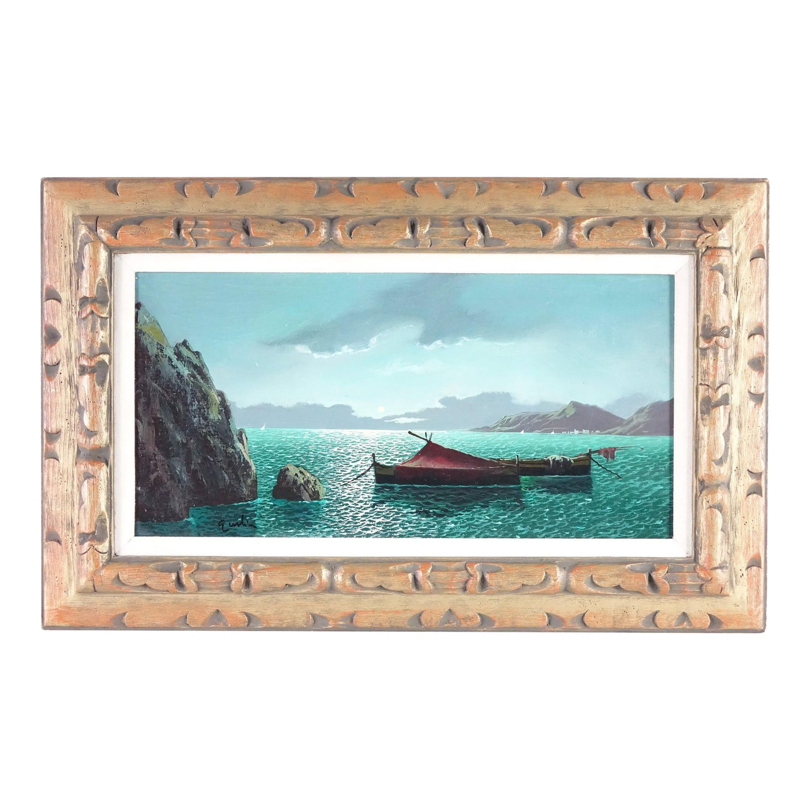 Canoes Original Oil on Canvas Signed: Canoes – Original Oil on Canvas, Signed – 32" x 20" A serene and atmospheric original oil painting capturing a tranquil seascape with two moored canoes floating under soft, diffused