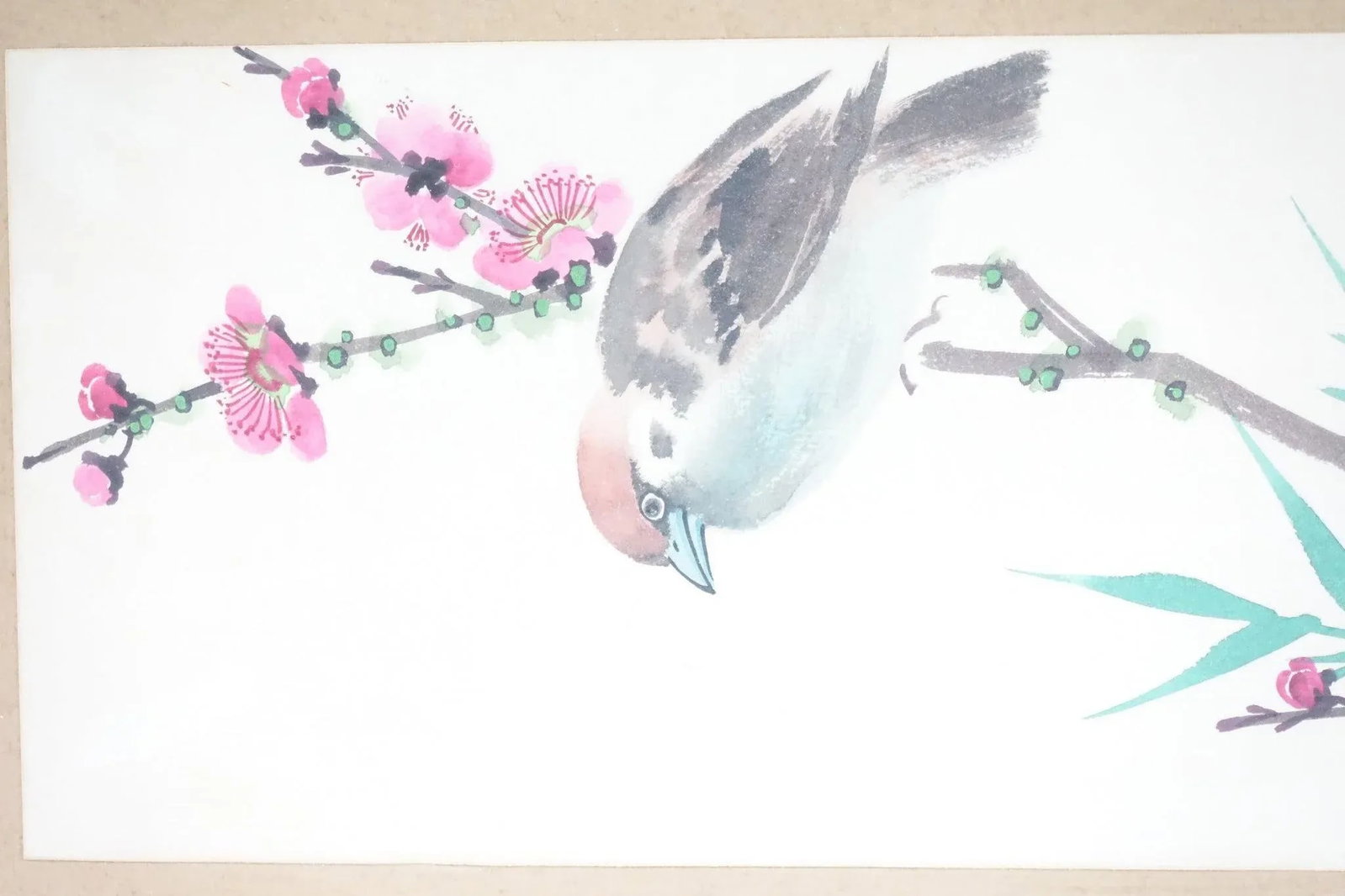 Asian Bird Flora Original Watercolor Painting on Paper Signed - 4
